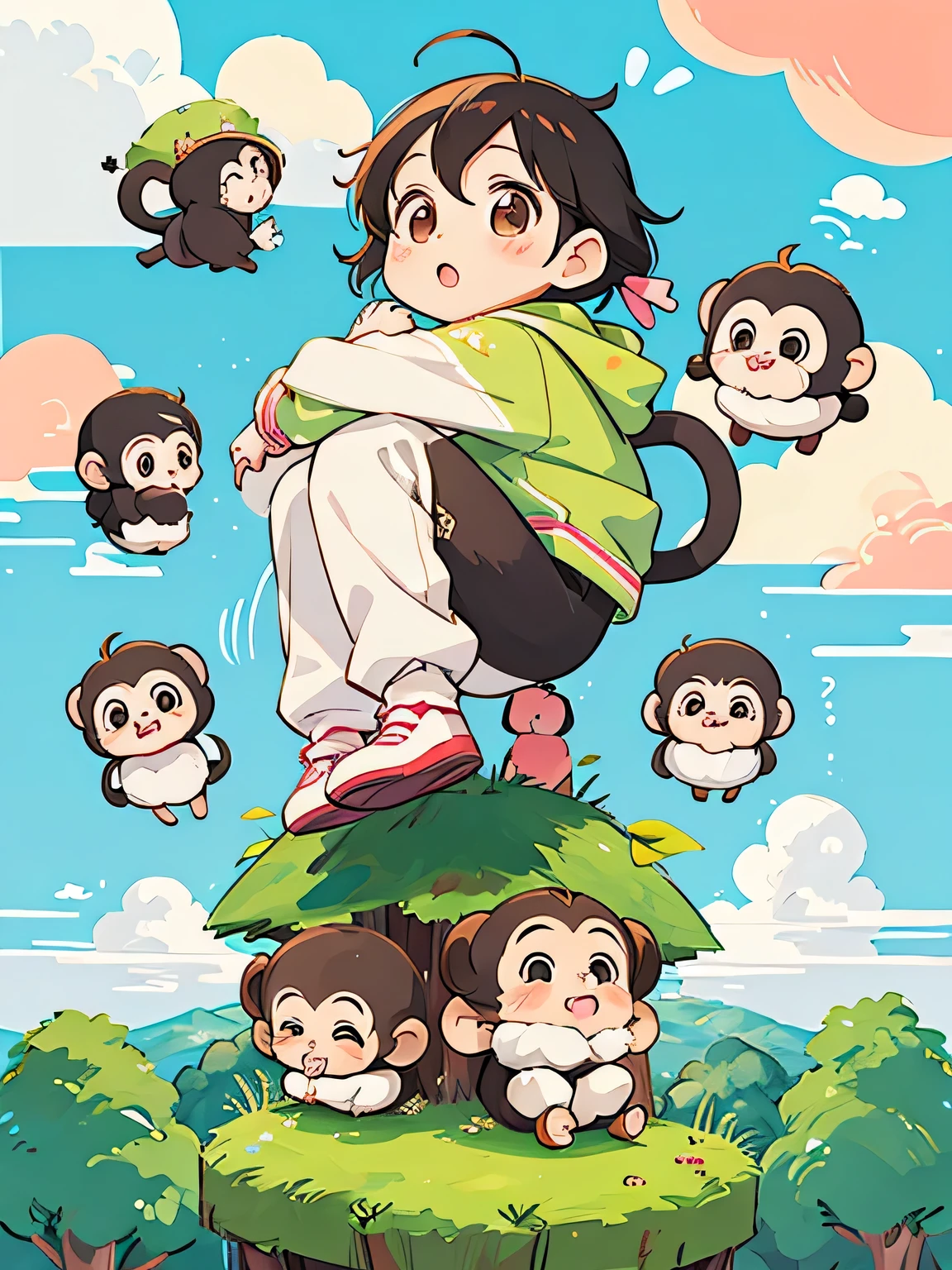 Kishida Mel Style, Kawaii Design, Chibi girl monkey, monkey Forest, Above the Clouds, Carrying you