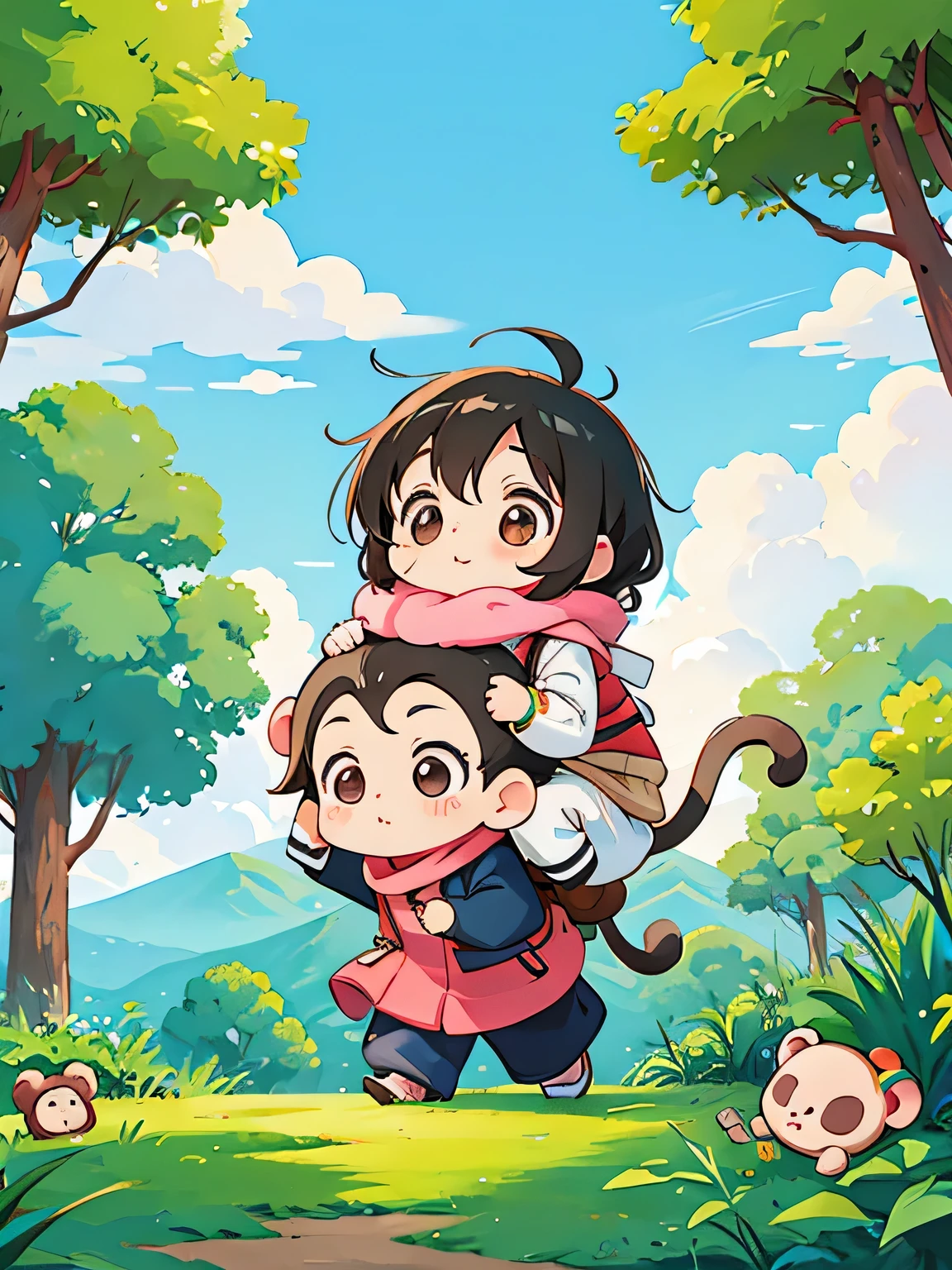 Kishida Mel Style, Kawaii Design, Chibi girl monkey, monkey Forest, Above the Clouds, Carrying you