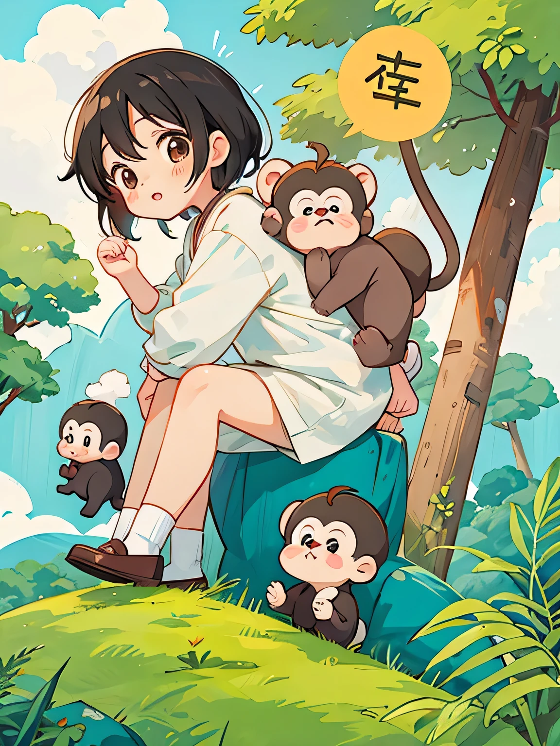 Kishida Mel Style, Kawaii Design, Chibi girl monkey, monkey Forest, Above the Clouds, Carrying you