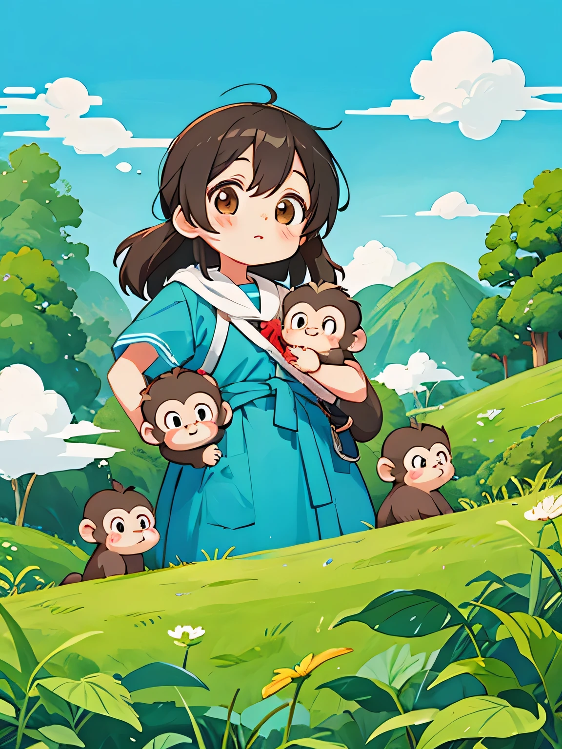 Kishida Mel Style, Kawaii Design, Chibi girl monkey, monkey Forest, Above the Clouds, Carrying you