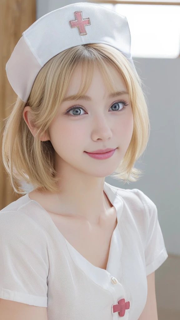 (highest quality,4K,8k,High resolution,masterpiece:1.5),Very detailed,(Realistic,photoRealistic,photo-Realistic:1.37) Portraiture,(A Japanese Girl With Incredibly slim body:2.0),(Her face looks ultra baby-like:2.0),
(Images of her alone:2.0),(Cute Breasts:1.25),(Close-up of her eyes:2.0),(Impressive Features,Super cute and a big idol-like smile:1.5),(Ultra beautiful even left and right eyes with a clear expression:2.0),Beautifully shaped eyebrows,Captivating gaze, pale pink lips,Naturally Rosy Cheeks,Vivid charm,Perfect white skin,Subtle shading,Realistic rendering,(She is wearing a (White:1.0) nurse’s uniform:1.5),(Nurse's Cap:1.5),(Super Short Blonde Hair:1.5),The golden sunlight gently illuminates the landscape.,Elegant and graceful posture,Create a quiet and serene atmosphere,She is in the examination room.