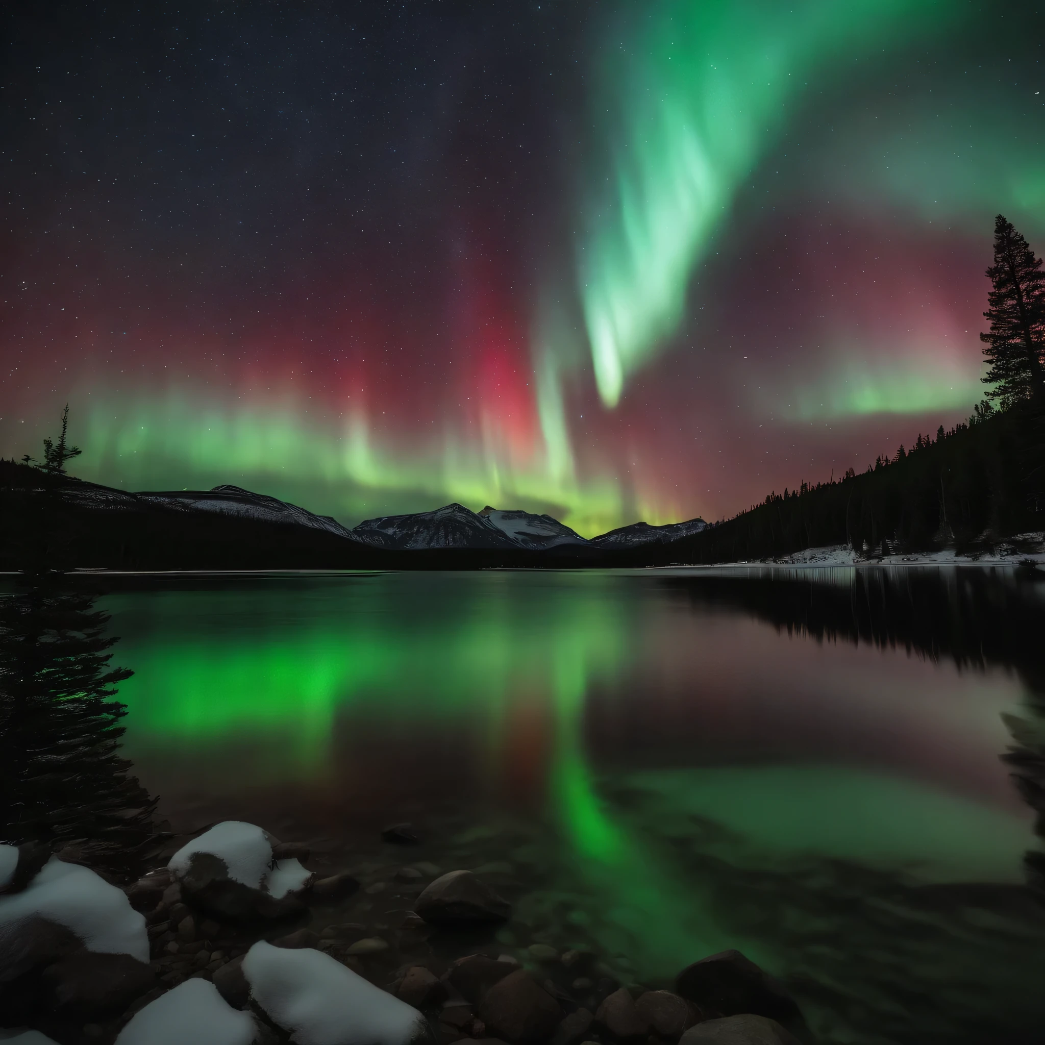 Master Parts、Superior Quality、Excellent image quality、8k quality、Beautiful starry sky photos、grow、Arched Milky Way:1.25, Colorado Mountains、Some pine evergreens, (Red and green aurora borealis:1.5)