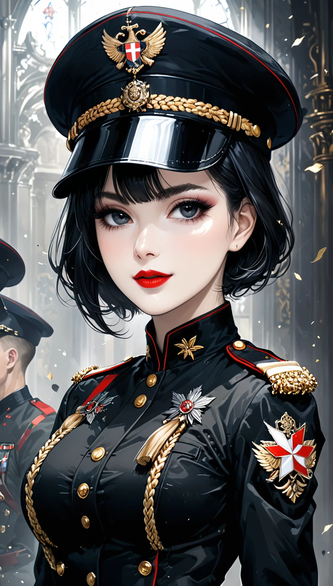 Dynamic Action，(in style of Harry Clarke:0.8),Character concept design,(highest resolution, distinct_image) The best quality, a woman, huge breasts,Exquisite little military cap，Wearing military cap crookedly，Sexy nose，Confident smile，masterpiece, highly detailed, semi realistic, black short hair, black hair, bangs, black eyes, 21 years old, shoulder length hair, mature, red lips, black clothes, black uniforms, military uniforms, military academies, beautiful, heroic, heroic, indoor background, delicate facial features, delicate facial features,Dynamic Action，