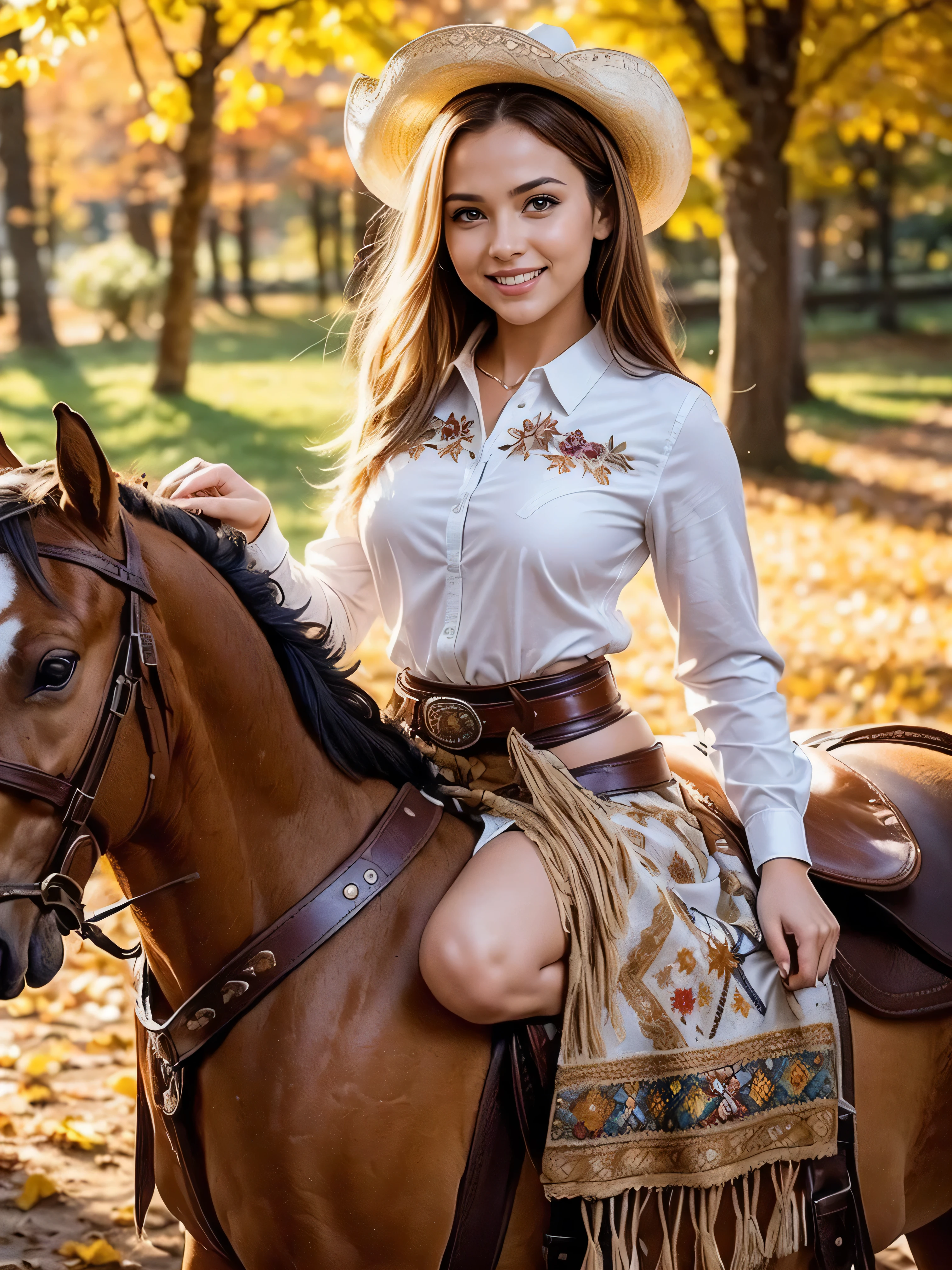 Standing gracefully in the vibrant autumn scenery、A shining and enchanting Nordic goddess. Her flowing chestnut hair cascades down to her shoulders, It is adorned with a crown of gold leaves that reflects the colorful foliage around it.. The ground is covered with autumn leaves . She is wearing an earth-toned gown, It is embroidered with intricate patterns that represent the changing of the seasons.. The soft glow of the setting sun、warm, Heavenly light above her, Add a magical touch to your scenes.　((horseback riding, riding a horse, leather mini skirt, white western shirt,cowboy shot, boots, smile, belly button, belt: 1.3),