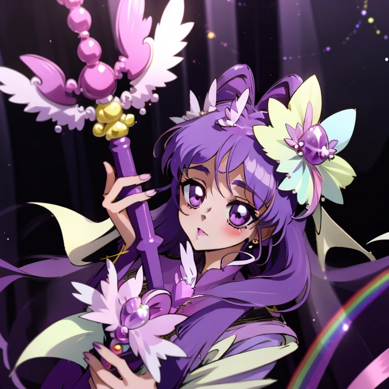 (Masterpiece), Best Quality, expressive eyes, a perfect face, 1girl, solo, purple hair, rainbow eyes, in the church, wedding, wedding  magical donut dress, pretty cure, veil, blusher, Smile, Bouquet in hand, look at the viewer, Shinoa hiiragi, Shinoa attracts