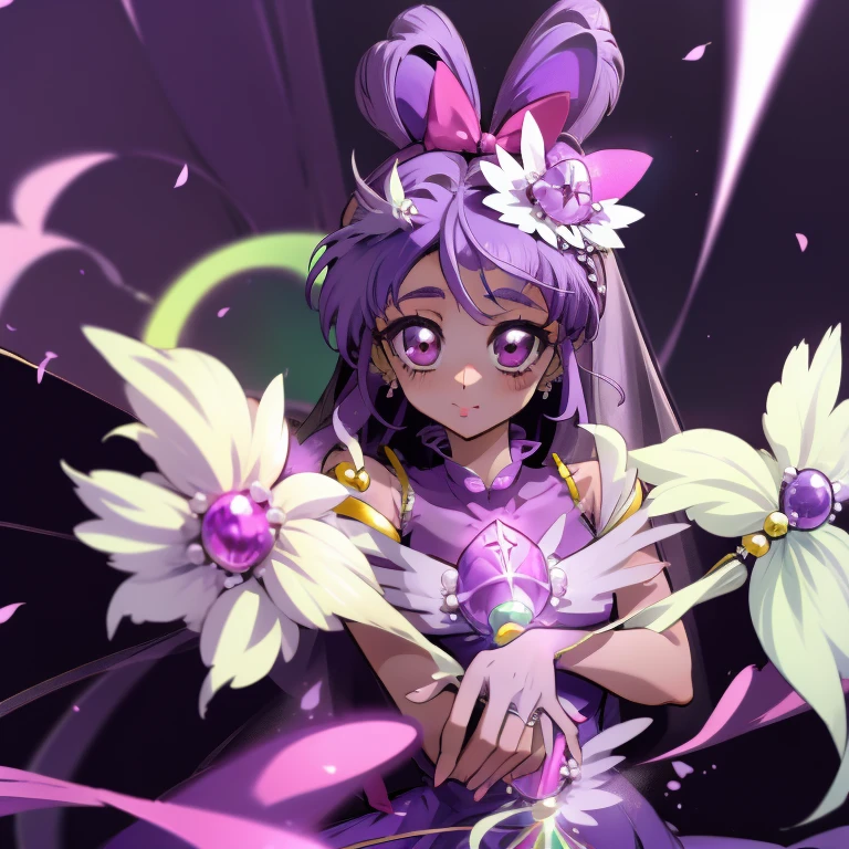 (Masterpiece), Best Quality, expressive eyes, a perfect face, 1girl, solo, purple hair, rainbow eyes, in the church, wedding, wedding  magical donut dress, pretty cure, veil, blusher, Smile, Bouquet in hand, look at the viewer, Shinoa hiiragi, Shinoa attracts