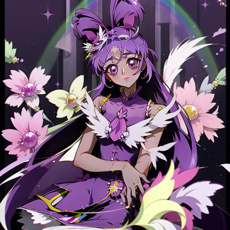 (Masterpiece), Best Quality, expressive eyes, a perfect face, 1girl, solo, purple hair, rainbow eyes, in the church, wedding, wedding  magical donut dress, pretty cure, veil, blusher, Smile, Bouquet in hand, look at the viewer, Shinoa hiiragi, Shinoa attracts