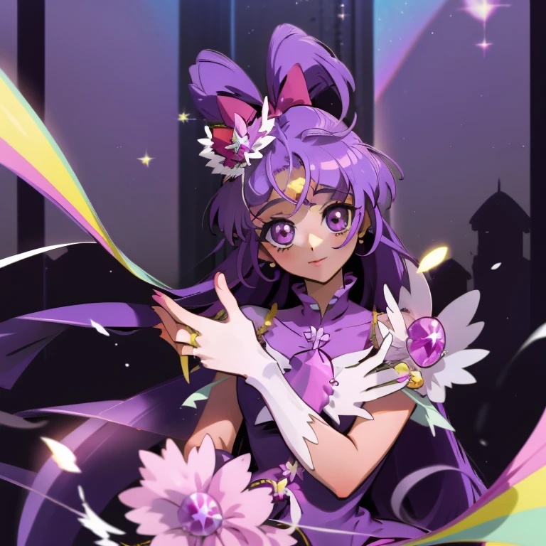 (Masterpiece), Best Quality, expressive eyes, a perfect face, 1girl, solo, purple hair, rainbow eyes, in the church, wedding, wedding  magical donut dress, pretty cure, veil, blusher, Smile, Bouquet in hand, look at the viewer, Shinoa hiiragi, Shinoa attracts