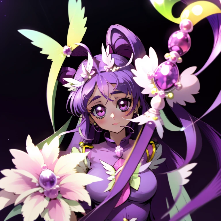 (Masterpiece), Best Quality, expressive eyes, a perfect face, 1girl, solo, purple hair, rainbow eyes, in the church, wedding, wedding  magical donut dress, pretty cure, veil, blusher, Smile, Bouquet in hand, look at the viewer, Shinoa hiiragi, Shinoa attracts