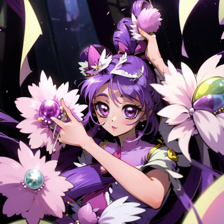 (Masterpiece), Best Quality, expressive eyes, a perfect face, 1girl, solo, purple hair, rainbow eyes, in the church, wedding, wedding  magical donut dress, pretty cure, veil, blusher, Smile, Bouquet in hand, look at the viewer, Shinoa hiiragi, Shinoa attracts