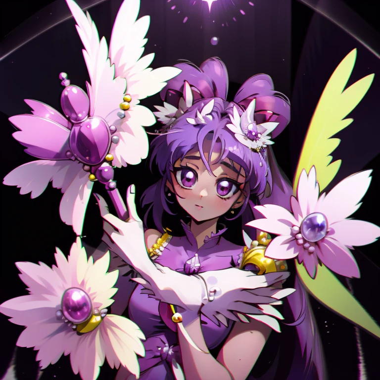 (Masterpiece), Best Quality, expressive eyes, a perfect face, 1girl, solo, purple hair, rainbow eyes, in the church, wedding, wedding  magical donut dress, pretty cure, veil, blusher, Smile, Bouquet in hand, look at the viewer, Shinoa hiiragi, Shinoa attracts