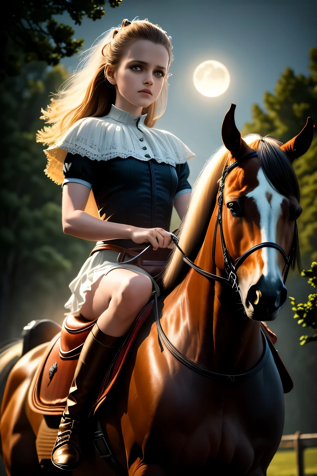 girl rides horse (best quality,highres:1.2),ultra-detailed,realistic,moonlight,lit ,dense mist,dreadfully beautiful,twisted trees,