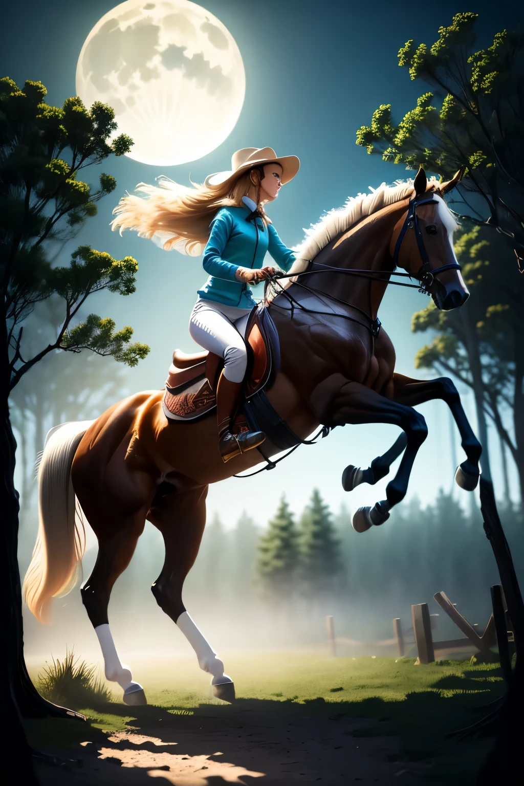 girl rides horse (best quality,highres:1.2),ultra-detailed,realistic,moonlight,lit ,dense mist,dreadfully beautiful,twisted trees,