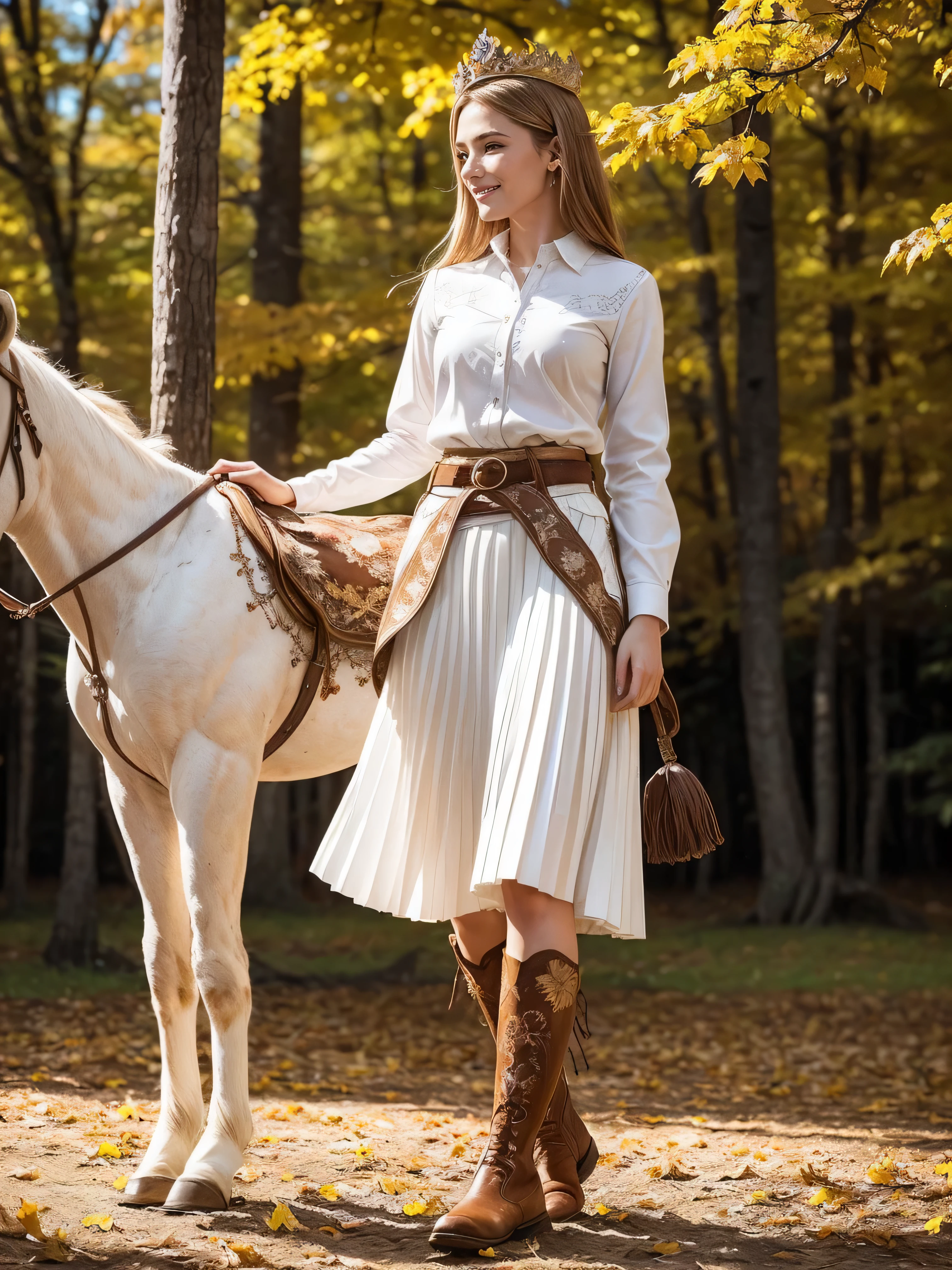 Standing gracefully in the vibrant autumn scenery、A shining and enchanting Nordic goddess. Her flowing chestnut hair cascades down to her shoulders, It is adorned with a crown of gold leaves that reflects the colorful foliage around it.. The ground is covered with autumn leaves . She is wearing an earth-toned gown, It is embroidered with intricate patterns that represent the changing of the seasons.. The soft glow of the setting sun、warm, Heavenly light above her, Add a magical touch to your scenes. ((horseback riding, riding a horse, white leather mini pleated skirt, white western shirt,cowboy shot, white boots, shy smile, belly button, brown belt: 1.3),