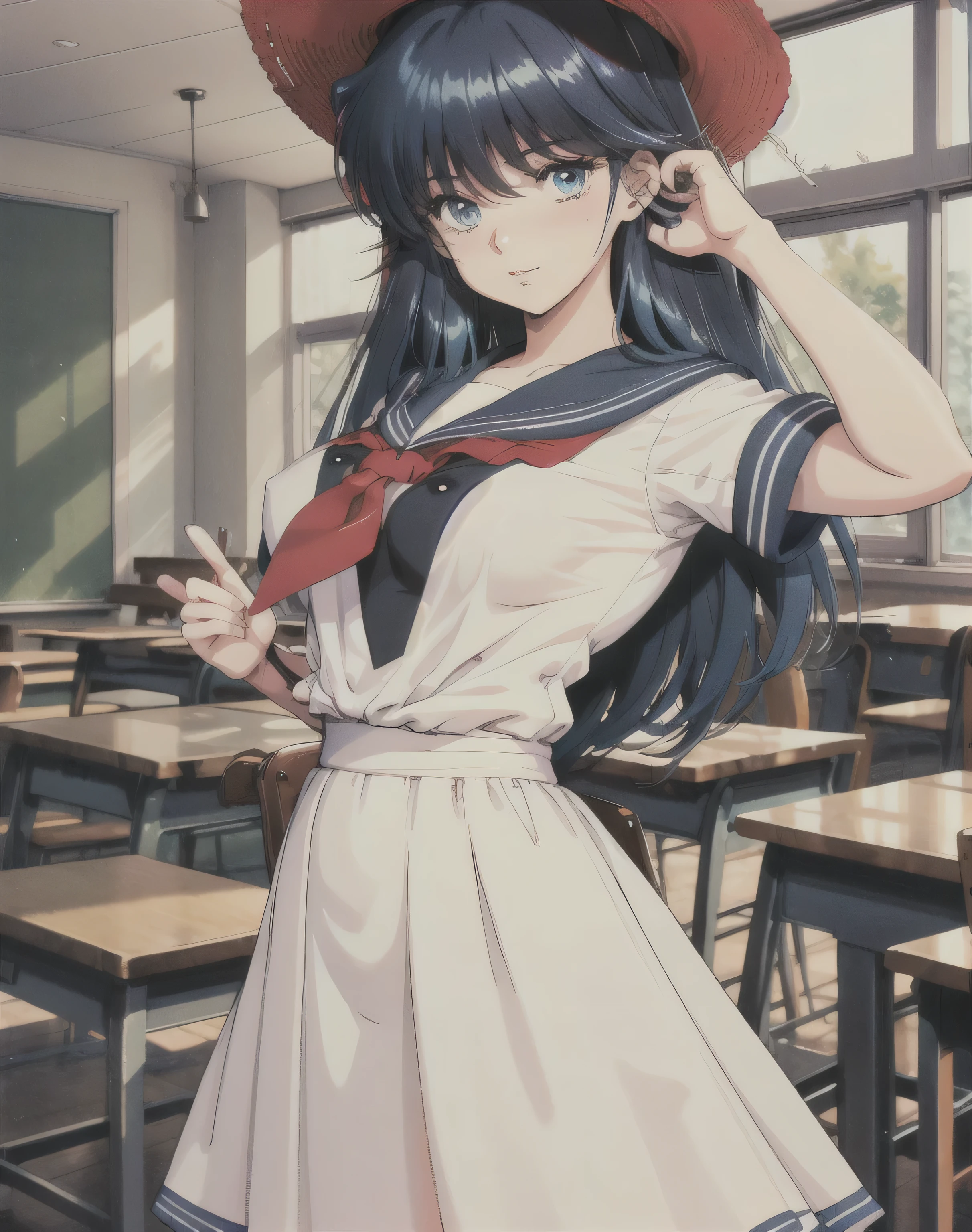 (ayukawa madoka), sexy, Mature face, Sexy smile、Extremely detailed eyes、Blue Eyes, (Blue Hair、Long Hair、Straight)、Tabletop, (Penetration: 1.2),((Short sailor suit, Detailed and accurate)), Summer shirt、Red scarf、In a glamorous body, Huge breasts:1.6, (Slim waist、Smooth)、Big hips:1.4、Big Ass 1.5、((Long skirt for school uniform)), , Sexy Poses,refer to４Bookの中に親refer to１Book,On a desk in the classroom、Classroom Background、Red straw hat, 