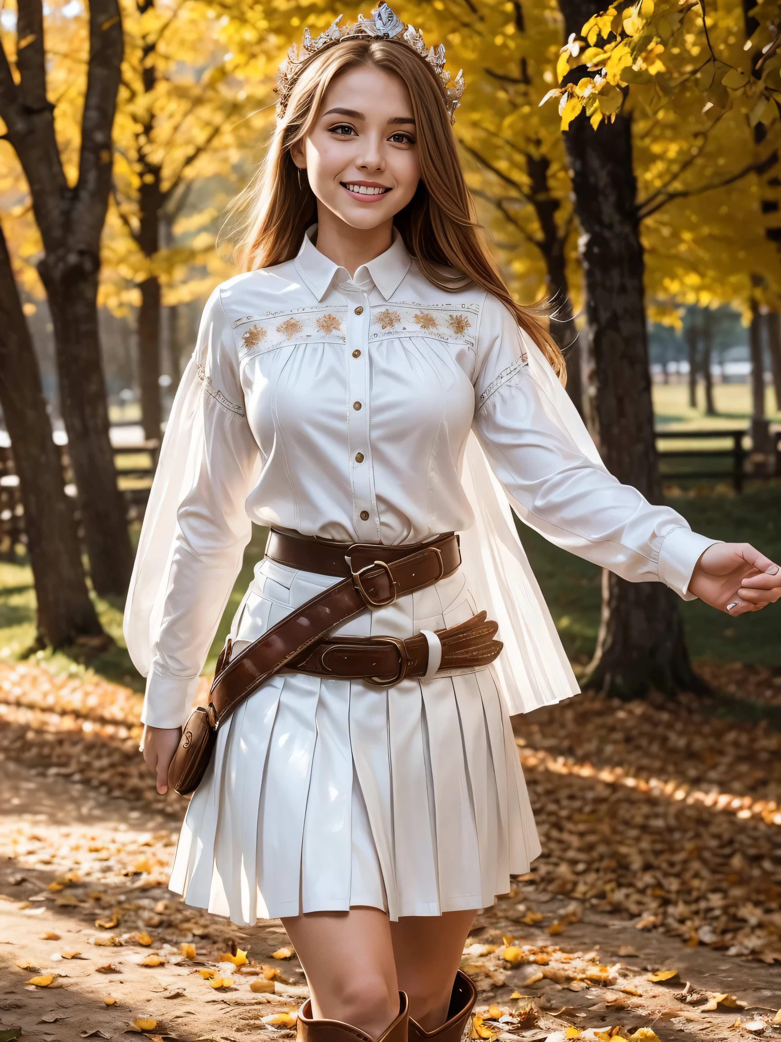 Standing gracefully in the vibrant autumn scenery、A shining and enchanting Nordic goddess. Her flowing chestnut hair cascades down to her shoulders, It is adorned with a crown of gold leaves that reflects the colorful foliage around it.. The ground is covered with autumn leaves . She is wearing an earth-toned gown, It is embroidered with intricate patterns that represent the changing of the seasons.. The soft glow of the setting sun、warm, Heavenly light above her, Add a magical touch to your scenes.　((horseback riding, riding a horse, white leather mini pleated skirt, white western shirt,cowboy shot, white boots, shy smile, belly button, brown belt: 1.3),