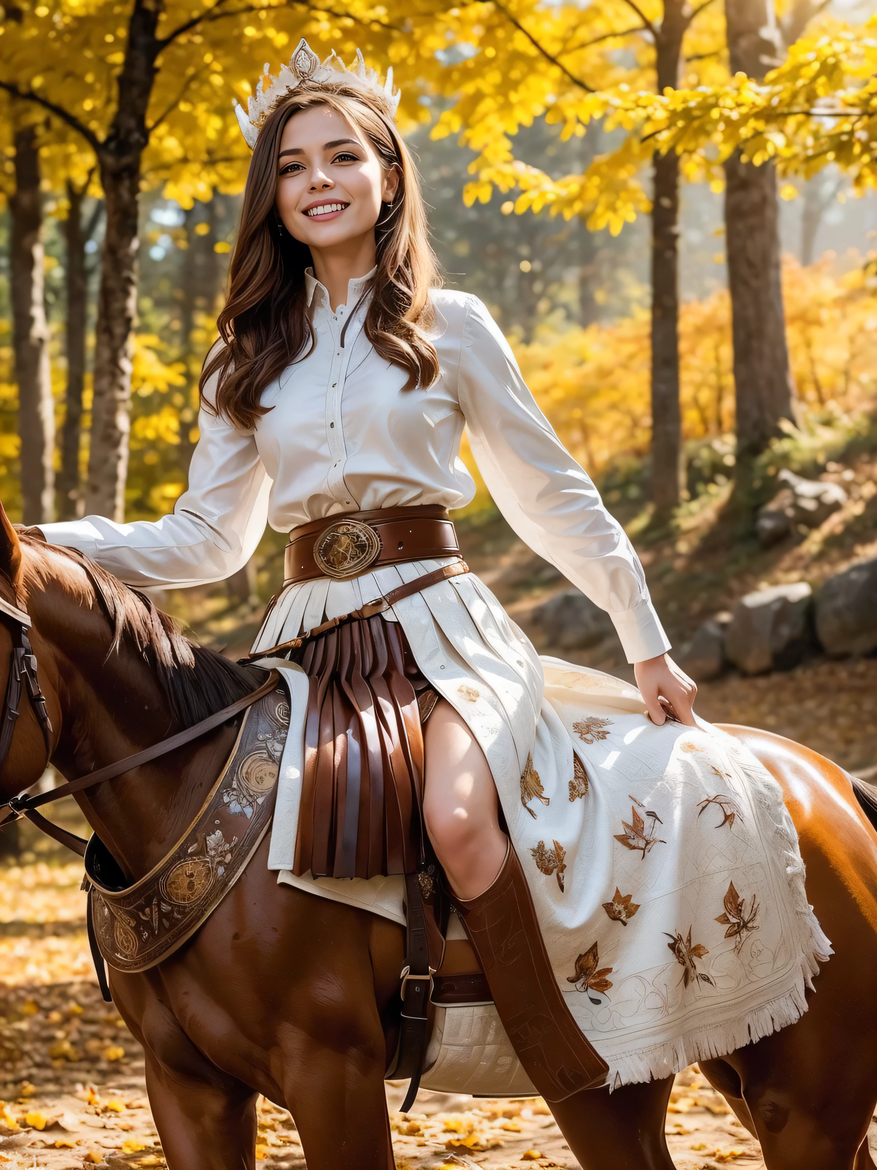 Standing gracefully in the vibrant autumn scenery、A shining and enchanting Nordic goddess. Her flowing chestnut hair cascades down to her shoulders, It is adorned with a crown of gold leaves that reflects the colorful foliage around it.. The ground is covered with autumn leaves . She is wearing an earth-toned gown, It is embroidered with intricate patterns that represent the changing of the seasons.. The soft glow of the setting sun、warm, Heavenly light above her, Add a magical touch to your scenes.　((horseback riding, riding a horse, white leather mini pleated skirt, white western shirt,cowboy shot, white boots, shy smile, belly button, brown belt: 1.3),