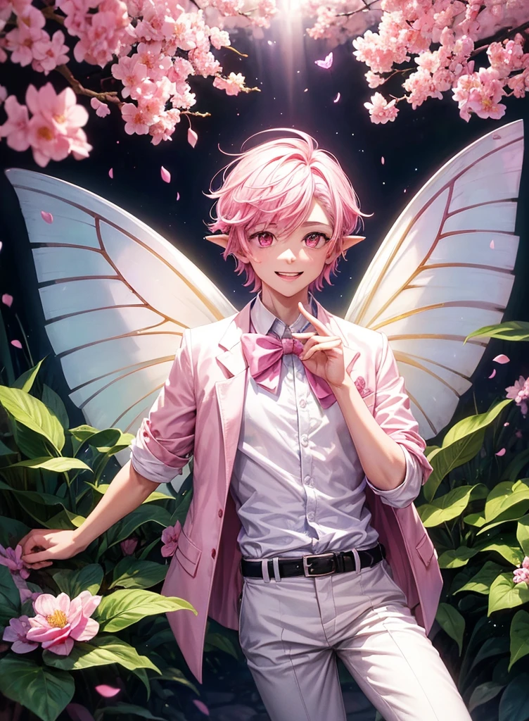 a boy wearing a white shirt, white trousers and a pink jacket, bright pink hair, big pink eyes, a lot of flowers around, a magic forest background, pointy ears, butterfly style fairy wings, magic powder, flying, (An ultra-high picture quality), ultra detailed, hdr, smiling