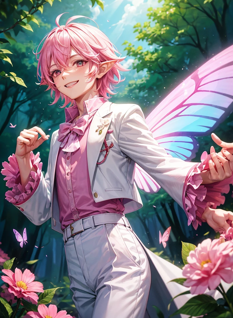 a boy wearing a white shirt, white trousers and a pink jacket, bright pink hair, big pink eyes, a lot of flowers around, a magic forest background, pointy ears, butterfly style fairy wings, magic powder, flying, (An ultra-high picture quality), ultra detailed, hdr, smiling