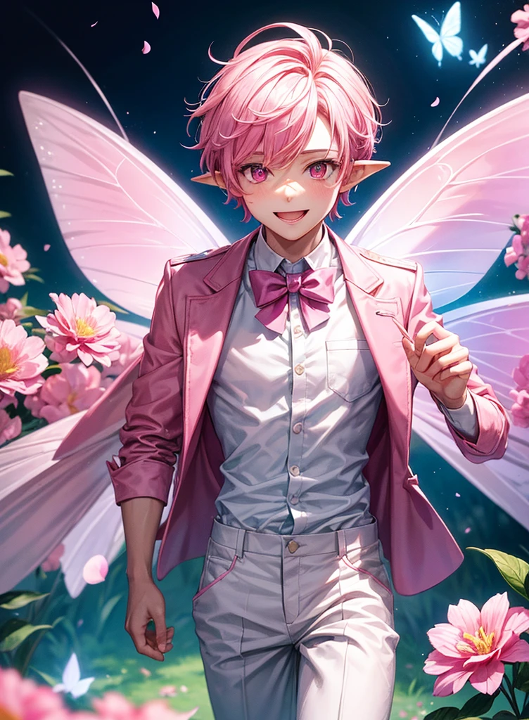 a boy wearing a white shirt, white trousers and a pink jacket, bright pink hair, big pink eyes, a lot of flowers around, a magic forest background, pointy ears, butterfly style fairy wings, magic powder, flying, (An ultra-high picture quality), ultra detailed, hdr, smiling