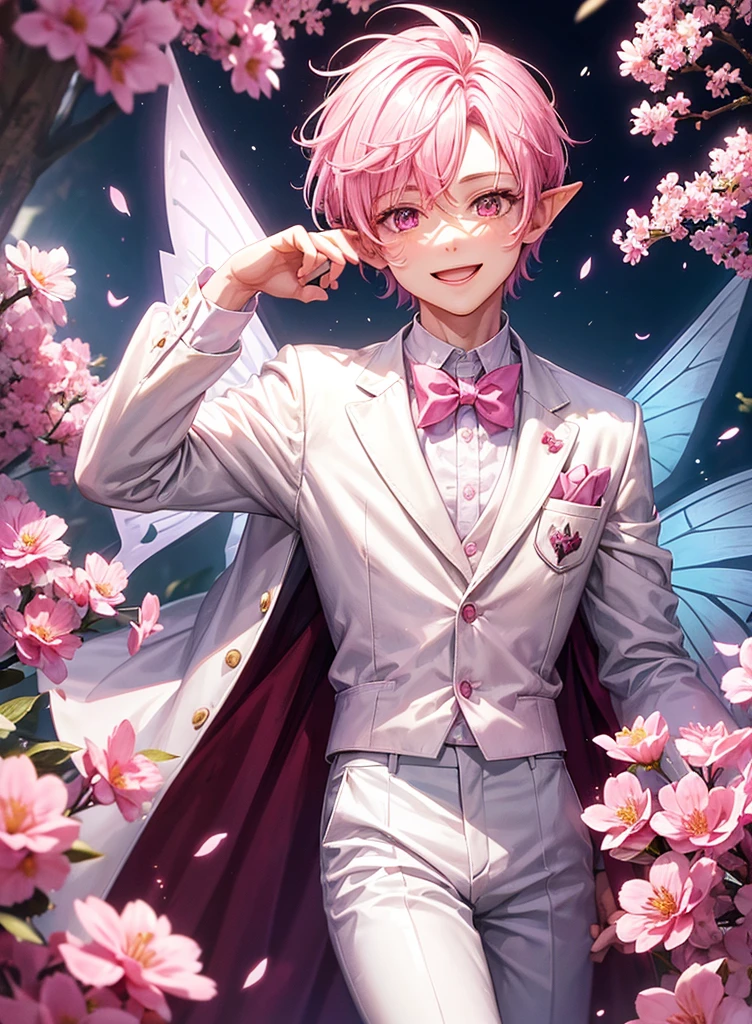 a boy wearing a white shirt, white trousers and a pink jacket, bright pink hair, big pink eyes, a lot of flowers around, a magic forest background, pointy ears, butterfly style fairy wings, magic powder, flying, (An ultra-high picture quality), ultra detailed, hdr, smiling