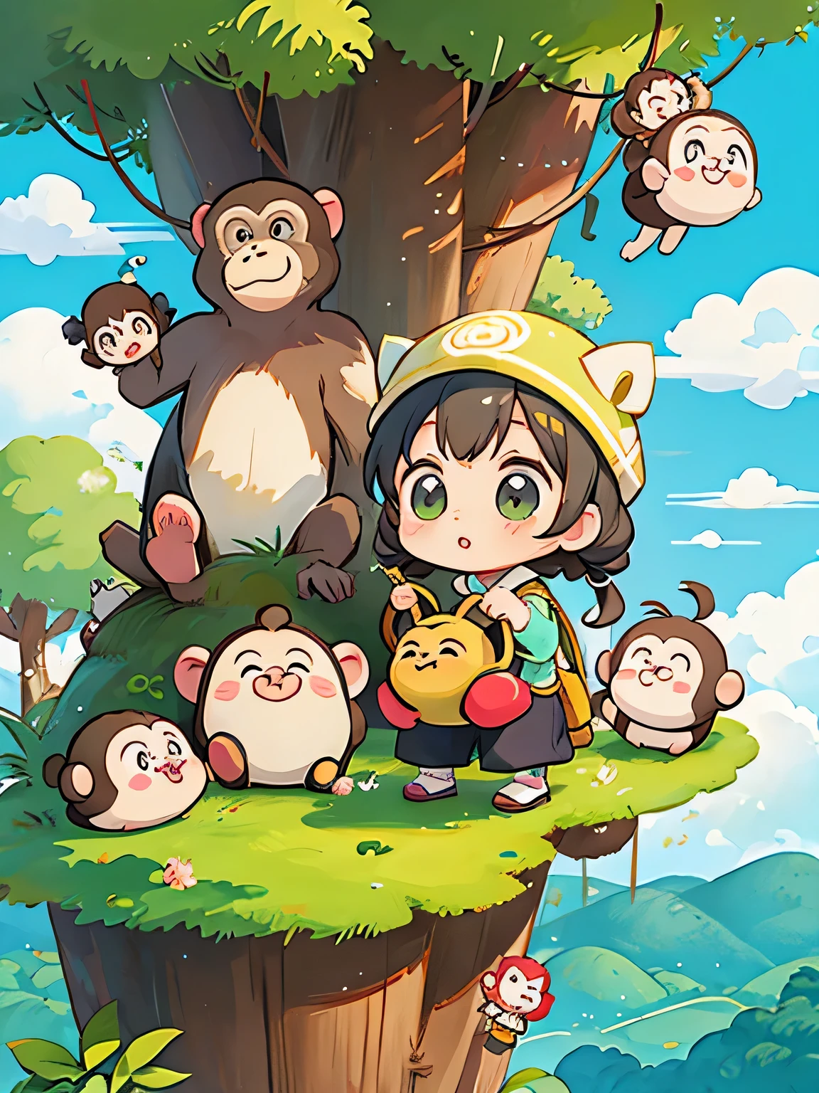 Anmi Style, Kawaii Design, Chibi girl monkey, monkey Forest, Above the Clouds, Carrying you