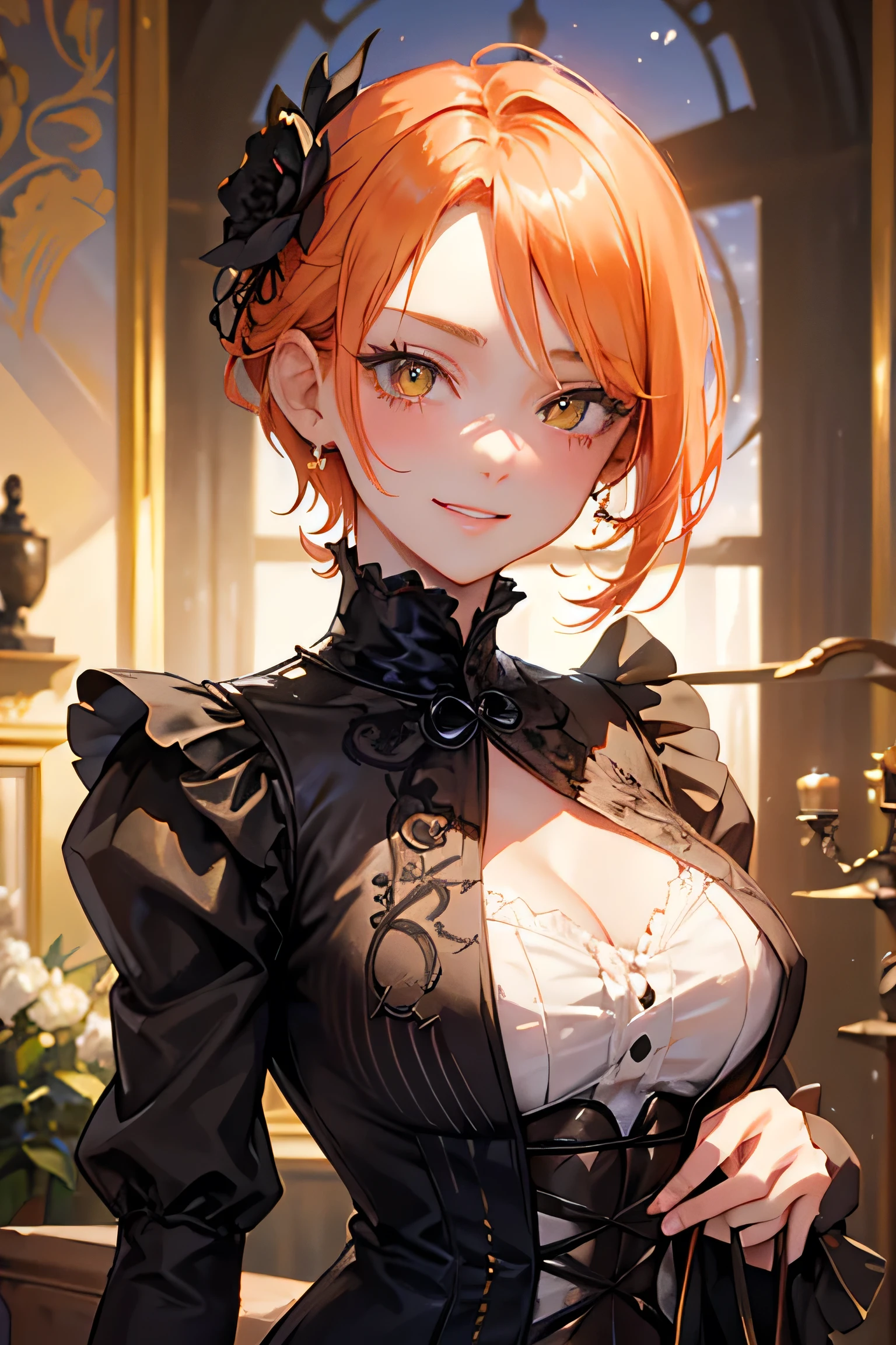 masterpiece, highest quality, so beautiful、Latest、girl, Orange Hair, short hair, Yellow Eyes、Wicked Smile、Wicked Smile,Shining Eyes、Super いいね adult woman in monochrome British aristocrat fantasy costume、Combat pose、Face close-up、Decoration、Be confident々、have、steampunk、Black Butler、sebastian michaelis、look up、Moonlit Night