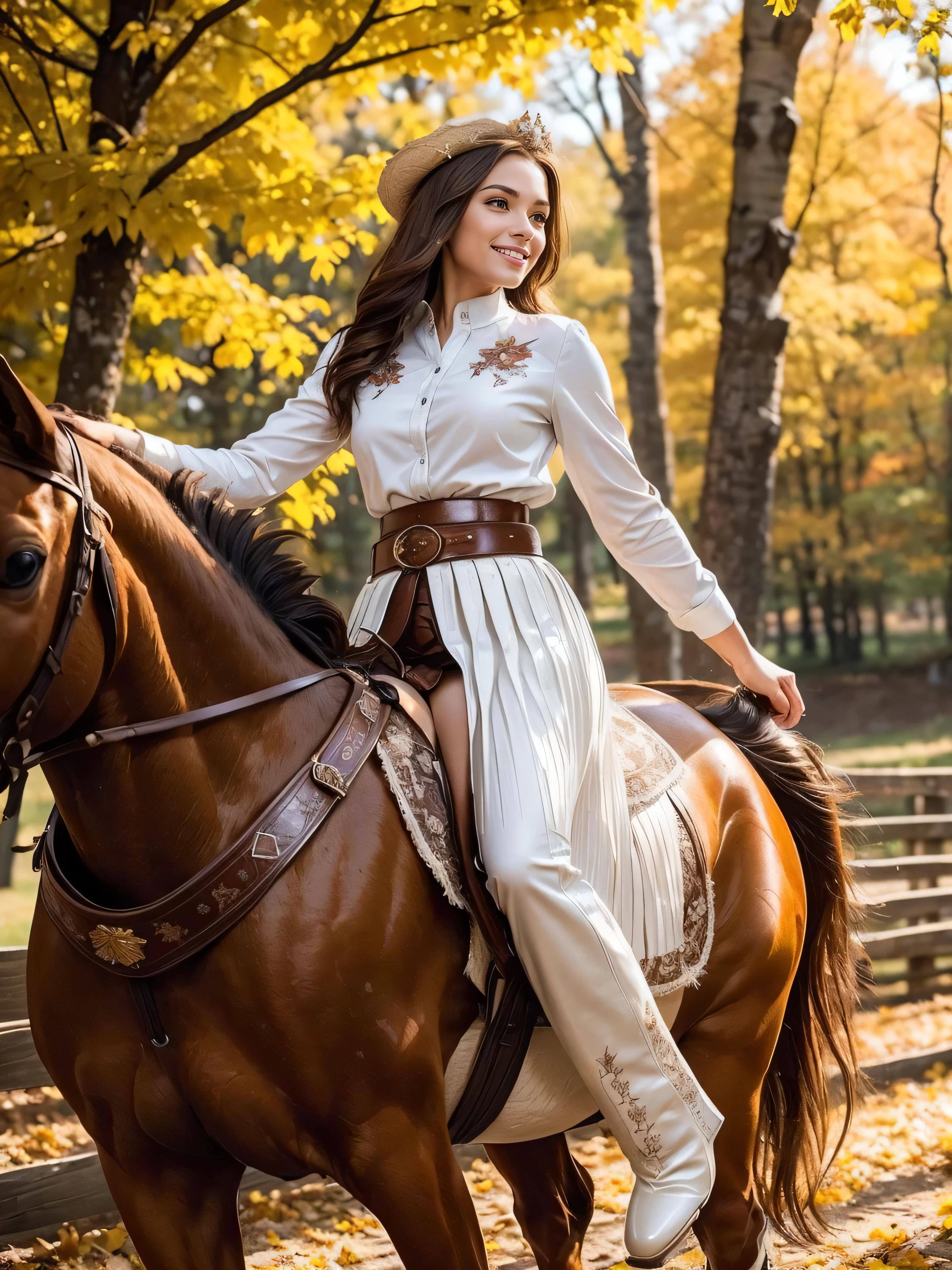 Standing gracefully in the vibrant autumn scenery、A shining and enchanting Nordic goddess. Her flowing chestnut hair cascades down to her shoulders, It is adorned with a crown of gold leaves that reflects the colorful foliage around it.. The ground is covered with autumn leaves . She is wearing an earth-toned gown, It is embroidered with intricate patterns that represent the changing of the seasons.. The soft glow of the setting sun、warm, Heavenly light above her, Add a magical touch to your scenes.　((horseback riding, riding a horse, white leather super mini pleated skirt, white western shirt,cowboy shot, white boots, shy smile, belly button, brown belt: 1.3),