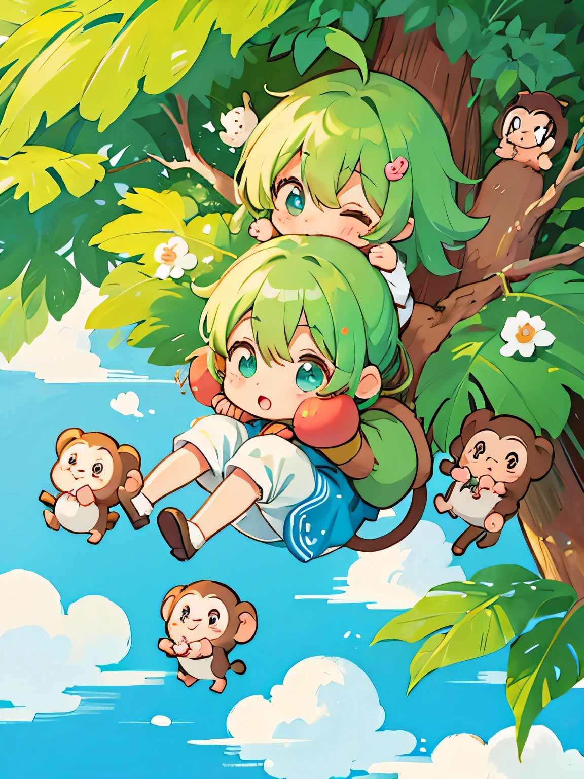 Anmi Style, Kawaii Design, Chibi girl monkey, monkey Forest, Above the Clouds, Carrying you
