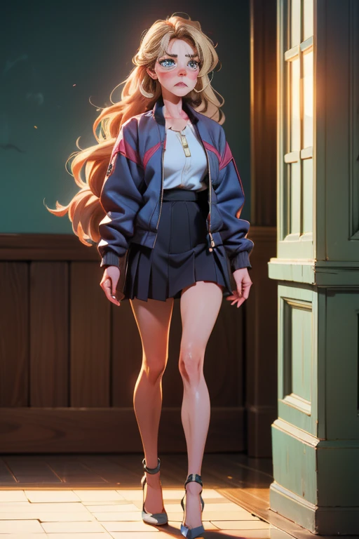 A finely detailed 8K quality masterpiece, it shows a full-length, standing mature woman. Her medium-length blonde hair falls softly over her shoulders. She has almond-shaped aquamarine eyes that reflect a mix of anger and sadness, with tears running down her blushing cheeks. Her facial expression shows a very exaggerated pout, with her cheeks inflated in a very exaggerated manner, highlighting her discontent. She wears an elegant jacket open over an elegant skirt, with long sleeves. Her full lips trembling. Finally, she wears high-heeled shoes that complete her elegant outfit. The lighting on her is soft and dramatic, emphasizing her facial features and her emotional expression.