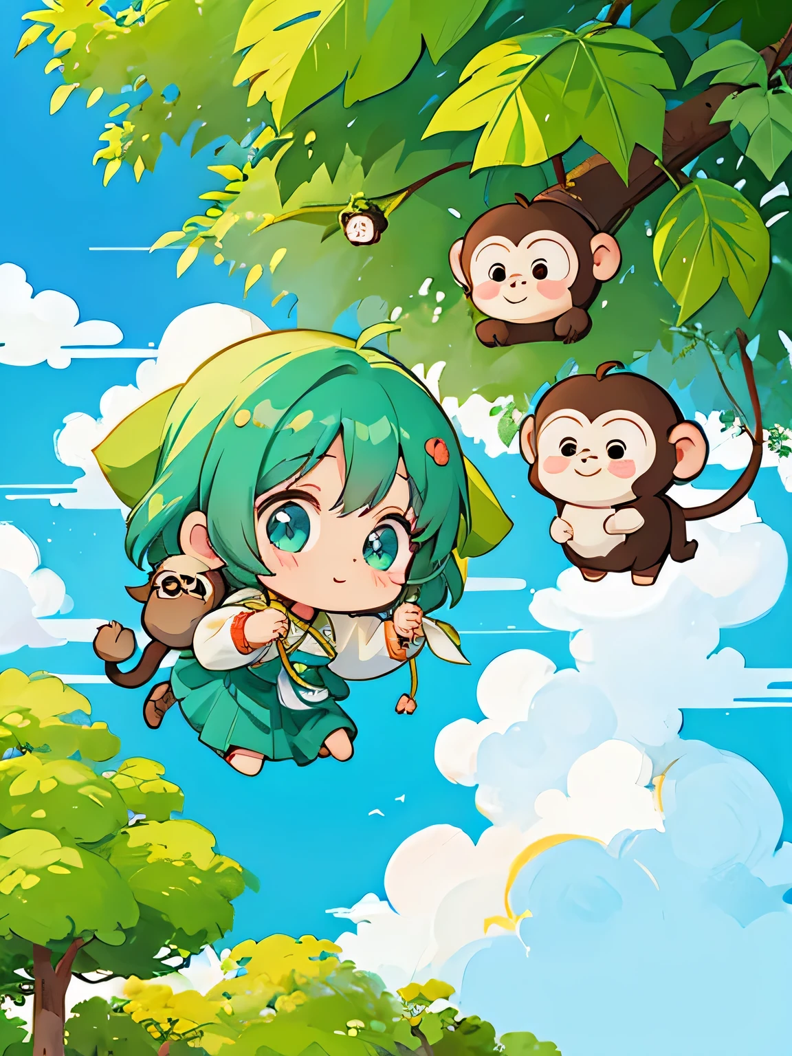 Anmi Style, Kawaii Design, Chibi girl monkey, monkey Forest, Above the Clouds, Carrying you