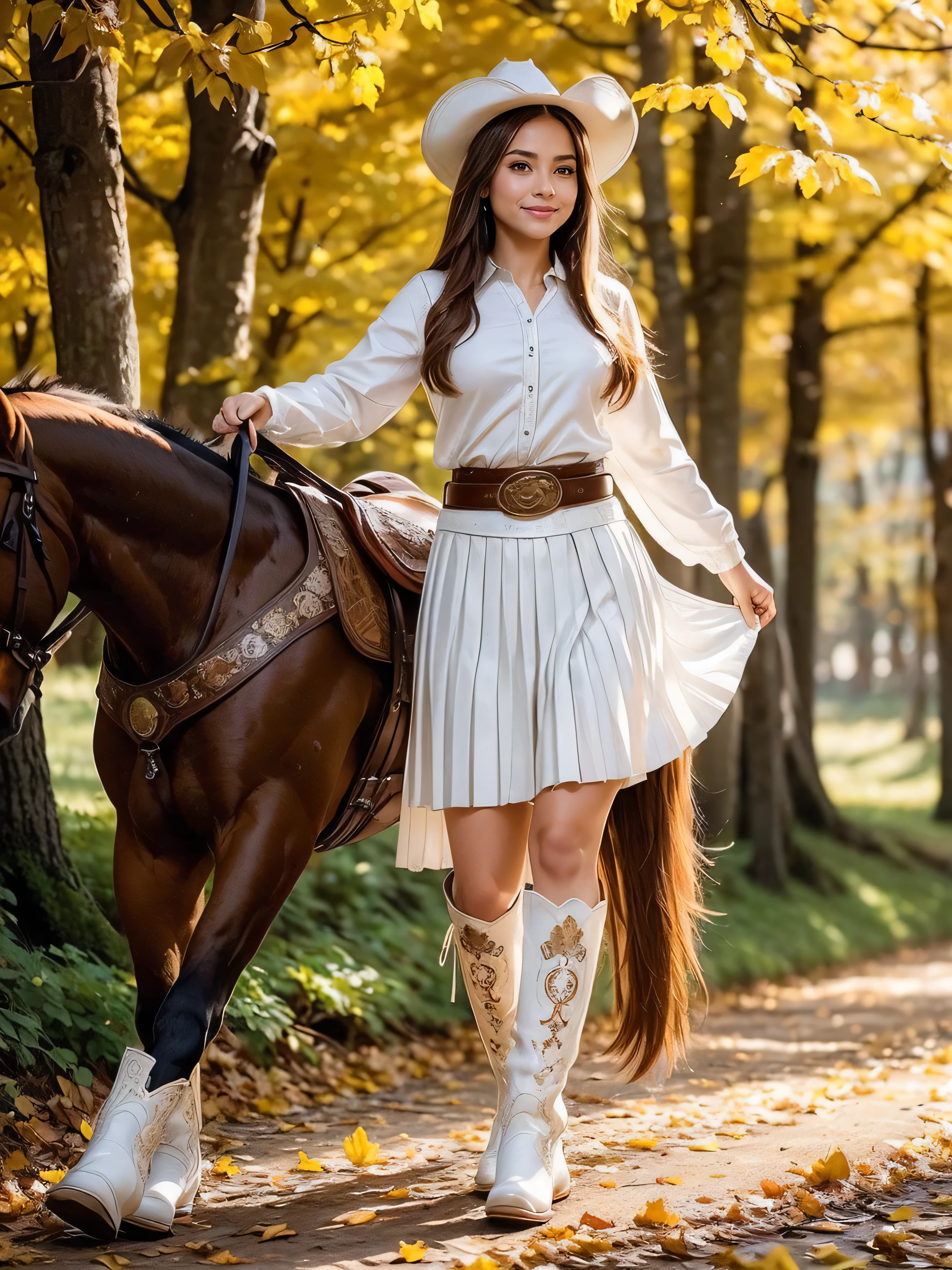 Standing gracefully in the vibrant autumn scenery、A shining and enchanting Nordic goddess. Her flowing chestnut hair cascades down to her shoulders, It is adorned with a crown of gold leaves that reflects the colorful foliage around it.. The ground is covered with autumn leaves . She is wearing an earth-toned gown, It is embroidered with intricate patterns that represent the changing of the seasons.. The soft glow of the setting sun、warm, Heavenly light above her, Add a magical touch to your scenes. ((horseback riding, riding a horse, white leather super mini pleated skirt, white western shirt,cowboy shot, white boots, shy smile, belly button, brown belt: 1.3),