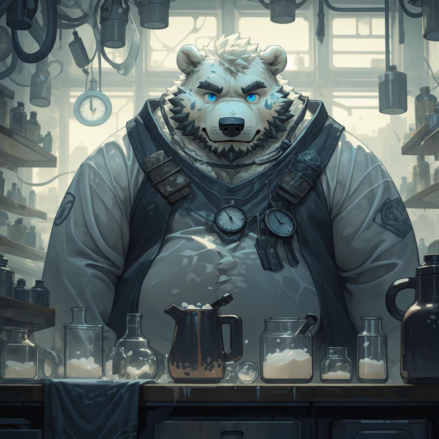 New Jersey 5 Furry，polar bear，Exquisite，Solitary，Chubby，Fat，Thick arms，Rugged muscles，White plush fur，Chubby脸，Black eyebrows，Sky blue eyes，Beard，absurd, High-quality illustrations, Ultra-high resolution, Detailed background, Perfect anatomical structure( Solitary, Beast field, Furry personification, Alchemist, experiment)Lots of pottery, In a room with many windows, in a messy laboratory, In the Steampunk Lab, fantasy Alchemist laboratory, Weapon shop interior, Movie Lighting,