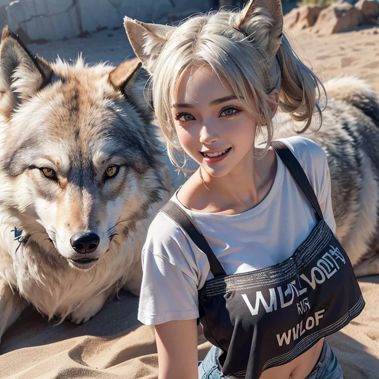Desert, windy weather, dance with wolf head man、 ((highest quality、masterpiece、8k、best image quality、ultra high resolution、Award-winning work)、(accurate anatomy:1.1)、(look at me and smile:1.1)、Shining fair skin with ultra high resolution、most detailed face、ultra high resolution detailed face、white short hair flowing 、Beautiful face drawn in every details,T shirt and shorts, modest breast , real wolf beside the girl