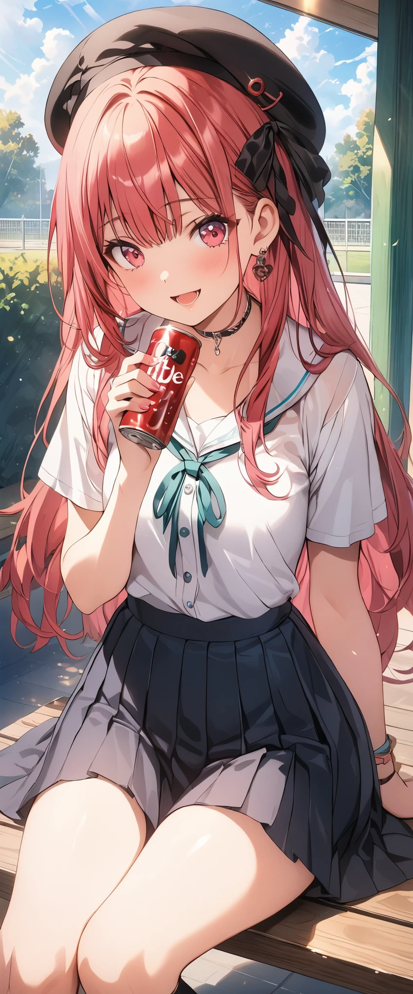 (masterpiece, best_quality), extremely detailed CG unity 8k wallpaper, super fine illustration, (anime_style), Woman posing for a photo, A shy smile, Small open mouth, Long Hair, Straight hair, Fine skin, Beautiful Hands, Beautiful fingers, Wearing a beret, tie, Small breasts, Short sleeve blouse, Pleated skirt, Thighs, Absolute area, Knee socks, Daytime, Hot summer day, School, Schoolyard, Sitting on a bench, holding Canned juice, Natural light, Detailed face:1.2, Sharp focus, Hasselblad Photos, masterpiece, light makeup, Cinematic lighting, 4k, sharpness, Anime Style, whole body, Canned juice, 