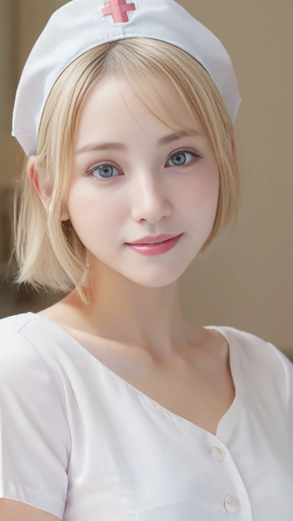 (highest quality,4K,8k,High resolution,masterpiece:1.5),Very detailed,(Realistic,photoRealistic,photo-Realistic:1.37) Portraiture,(A Japanese Girl With Incredibly slim body:2.0),(Her face looks ultra baby-like:2.0),
(Images of her alone:2.0),(Cute Breasts:1.25),(Close-up of her eyes:2.0),(Impressive Features,Super cute and a big idol-like smile:1.5),(Ultra beautiful even left and right eyes with a clear expression:2.0),Beautifully shaped eyebrows,Captivating gaze, pale pink lips,Naturally Rosy Cheeks,Vivid charm,Perfect white skin,Subtle shading,Realistic rendering,(She is wearing a (White:1.0) nurse’s uniform:1.5),(Nurse's Cap:1.5),(Super Short Blonde Hair:1.5),The golden sunlight gently illuminates the landscape.,Elegant and graceful posture,Create a quiet and serene atmosphere,She is in the hospital.