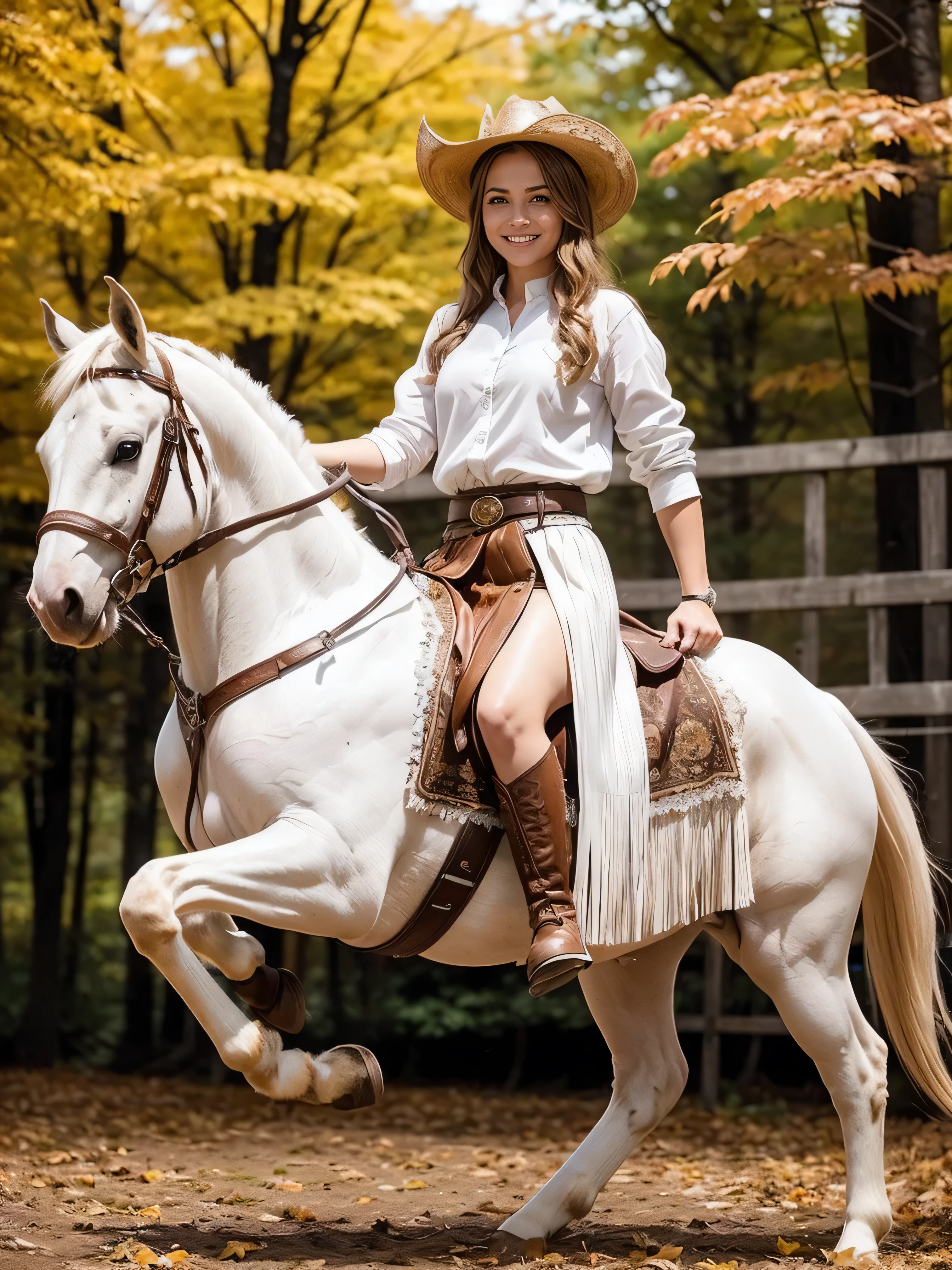 Standing gracefully in the vibrant autumn scenery、A shining and enchanting Nordic goddess. Her flowing chestnut hair cascades down to her shoulders, It is adorned with a crown of gold leaves that reflects the colorful foliage around it.. The ground is covered with autumn leaves . She is wearing an earth-toned gown, It is embroidered with intricate patterns that represent the changing of the seasons.. The soft glow of the setting sun、warm, Heavenly light above her, Add a magical touch to your scenes. ((horseback riding, riding a horse, white leather super mini pleated skirt, white western shirt,cowboy shot, white boots, shy smile, belly button, brown belt: 1.3),The horse gallops lightly.