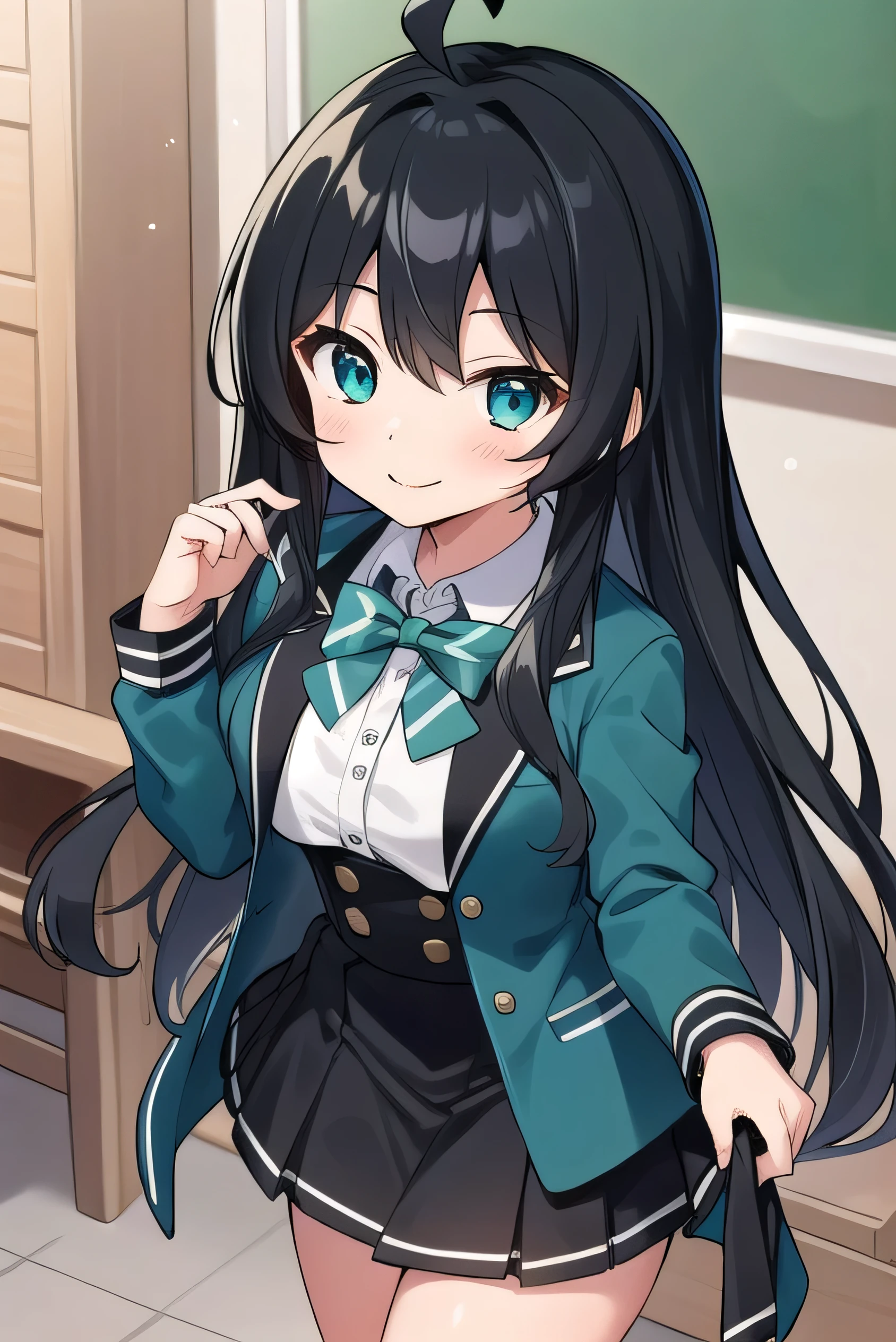 Junior high school student who looks like an elementary school student, 14 years old, very short, 140 cm tall, black hair with a slight green tinge, short ahoge, beautiful long hair but with a little hair sticking out, beautiful round eyes, blue eyes, smile, boyish, long sleeves, Thick clothes, skirt, big breasts, hair longer than waist, long hair, childish face, gentle smile, a little shy, black skirt, black hair with a slight green tinge, boyish, gentle smile, jacket one size larger, ( Deep greenish black hair: 1.3)