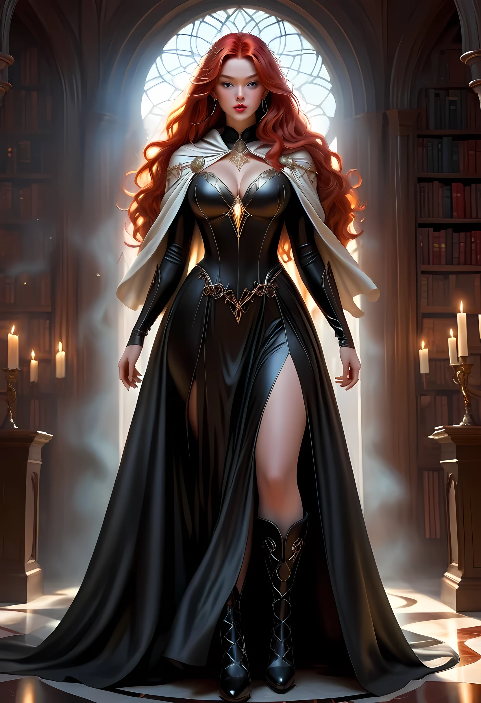 high details, best quality, 16k, [ultra detailed], masterpiece, best quality, (extremely detailed), full body, ultra wide shot, julie bell style (ultra details, Masterpiece, best quality), fantasy art, dnd art,fantasy art, realistic art, a sorceress casting a DruidMagicAI spell in magical library (ultra details, Masterpiece, best quality), exquisite beautiful human woman (ultra details, Masterpiece, best quality), red hair, long hair, (long black dress: 1.2), (white cloak: 1.3), high heeled boots (ultra details, Masterpiece, best quality) DruidMagicAI