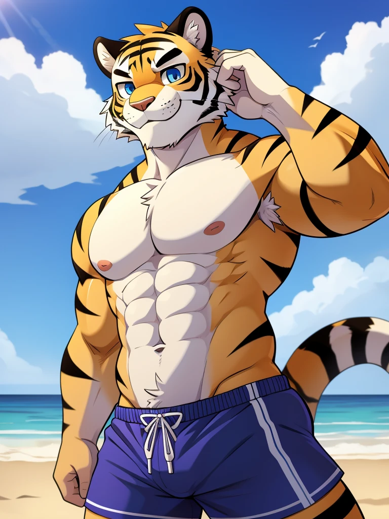 morenatsu, homecoming, torahiko, a furry tiger, furry, male, masculine, muscular, lean, yellow fur, white belly fur, black stripes, black swim trunks, smile, blue eyes, cartoony, toony, illustration, ultra-detailed, sharp focus, smooth colors, alone, single, smooth lining, youth, outside, beach, clear sky
