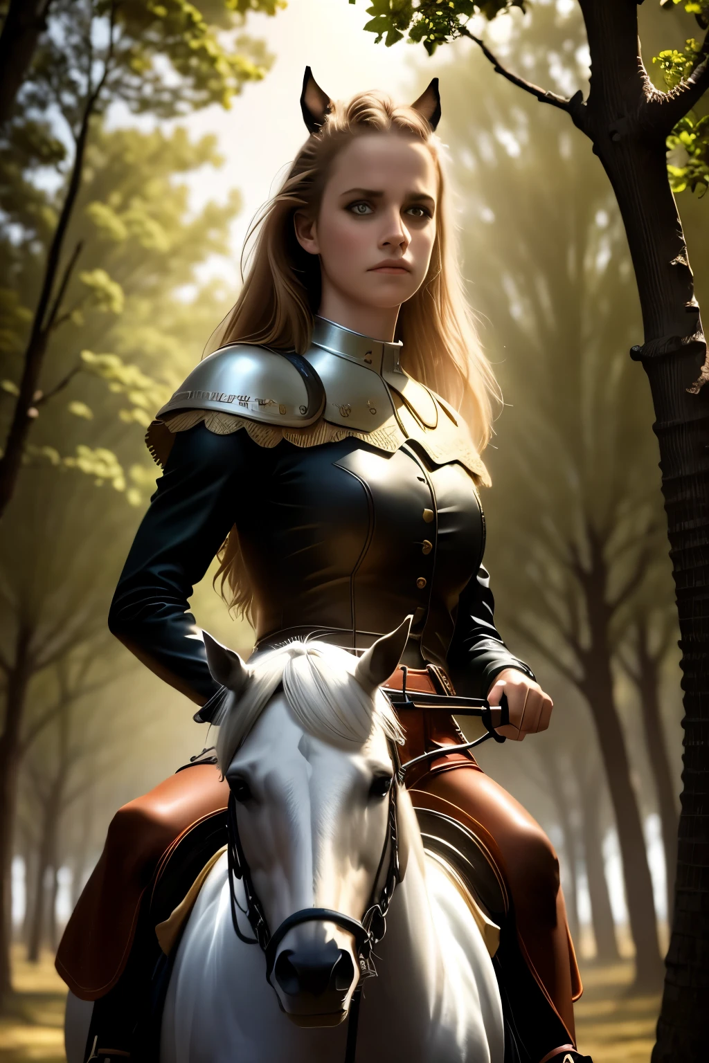 girl rides horse (best quality,highres:1.2),ultra-detailed,realistic,moonlight,lit ,dense mist,dreadfully beautiful,twisted trees,