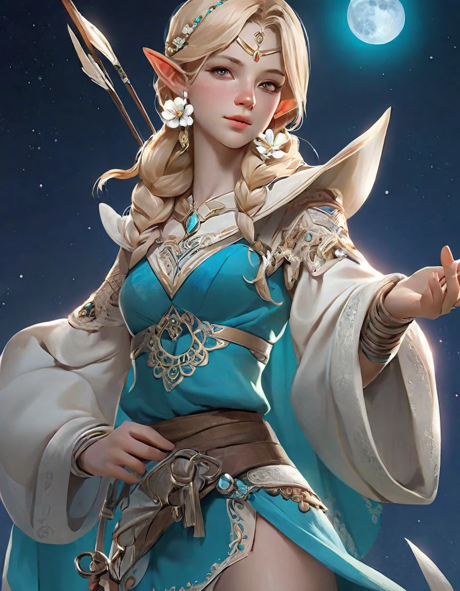 (1 girl: 1.5), very beautiful 16 year old: 1.5 Girl's libido, Female physiognomy, elf, (elven ears), (blonde archer), (((girl, girl, female))), (( blonde hair:1.5,short detailed hair, short blonde hair with a braid, decorated with white flowers)),(((turquoise_eyes:1.3))), beautiful detailed eyes, symmetrical eyes,1.5,chest,(( good anatomy, accurate body proportions, detailed body))), ((silk)),(bandages on the arm, moon earrings)), ((silk panties)),(small bulge on the panties),(decorative bandages on the chest and arms )),(((tram clothes:1.5,intricate outfit, intricate clothes))), (((dynamic pose: 1.0), confused, (center, scaled to size, Rule of Thirds)), ((transparent crystal flowers, kundalini, ancient energy source, universe, galaxy, crystal planet)), landscape: 1.25, ((intricate landscape)), thick hips, wide hips, saucy panties, (glossy silk jewelry), high definition, sharp focus, ( ultra detailed, extremely detailed), (photorealistic work: 1.37), (extremely detailed CG unity 8k wallpaper)),(((bright colors, vibrant theme))),(complex),(masterpiece),(best quality), artistic photography,(photo taken by sldr),(intricate background) ,perfect facial detailing, perfect facial details, realistic face,photorealistic, analogue style,((intricate details)),(((realism))), ((flat chest, flat stomach)), (((bright colors))),((3d)), (intense colors).