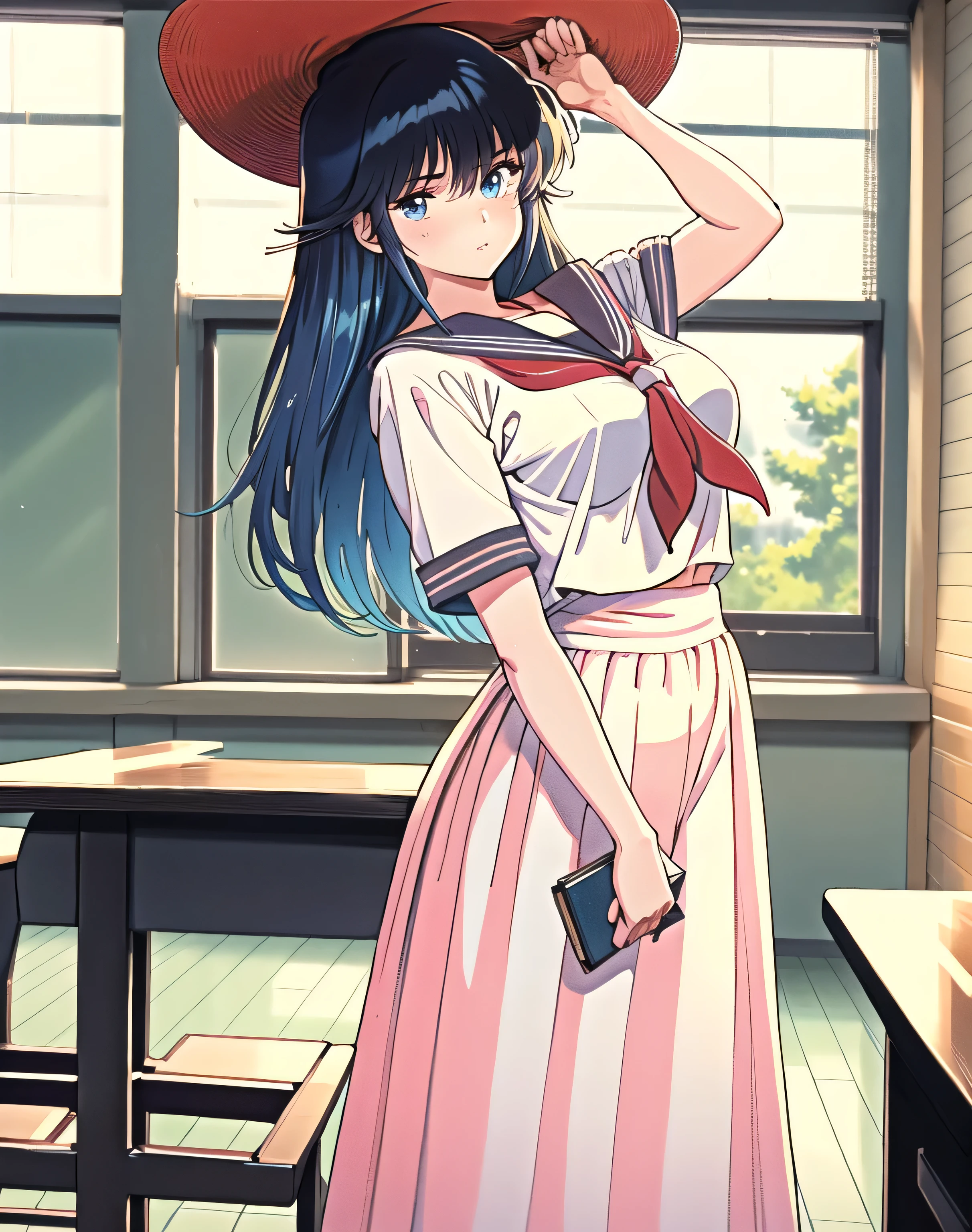 (masterpiece, highest quality, 16kAnime image quality, High resolution, Anime Style, Clean brush strokes, Very detailed, Perfect Anatomy), 1 person, alone,(ayukawa madoka), sexy, Mature face, Sexy smile、Extremely detailed eyes、Blue Eyes, (Blue Hair、Long Hair、Straight)、Tabletop, (Penetration: 1.2),((Short sailor suit, Detailed and accurate)), Summer shirt、Red scarf、In a glamorous body, Huge breasts:1.6, (Slim waist、Smooth)、Big hips:1.4、Big Ass 1.5、((Long skirt for school uniform)), , Sexy Poses,refer to4Bookの中に親refer to1Book,On a desk in the classroom、Classroom Background、Red straw hat,