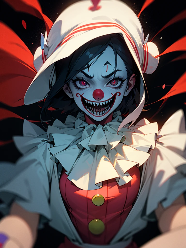 ((Highest quality)), ((masterpiece)), (detailed), （Perfect Face）、The woman is Aoki Reika, with medium-long black hair, white skin, a red round nose, heavy makeup of a creepy and evil clown, and a clown costume and a jester hat.、The woman is a brainwashed, evil, creepy clown who becomes part of the Bad End Circus.、The woman is close to the circus&#39;s leader, the Joker.