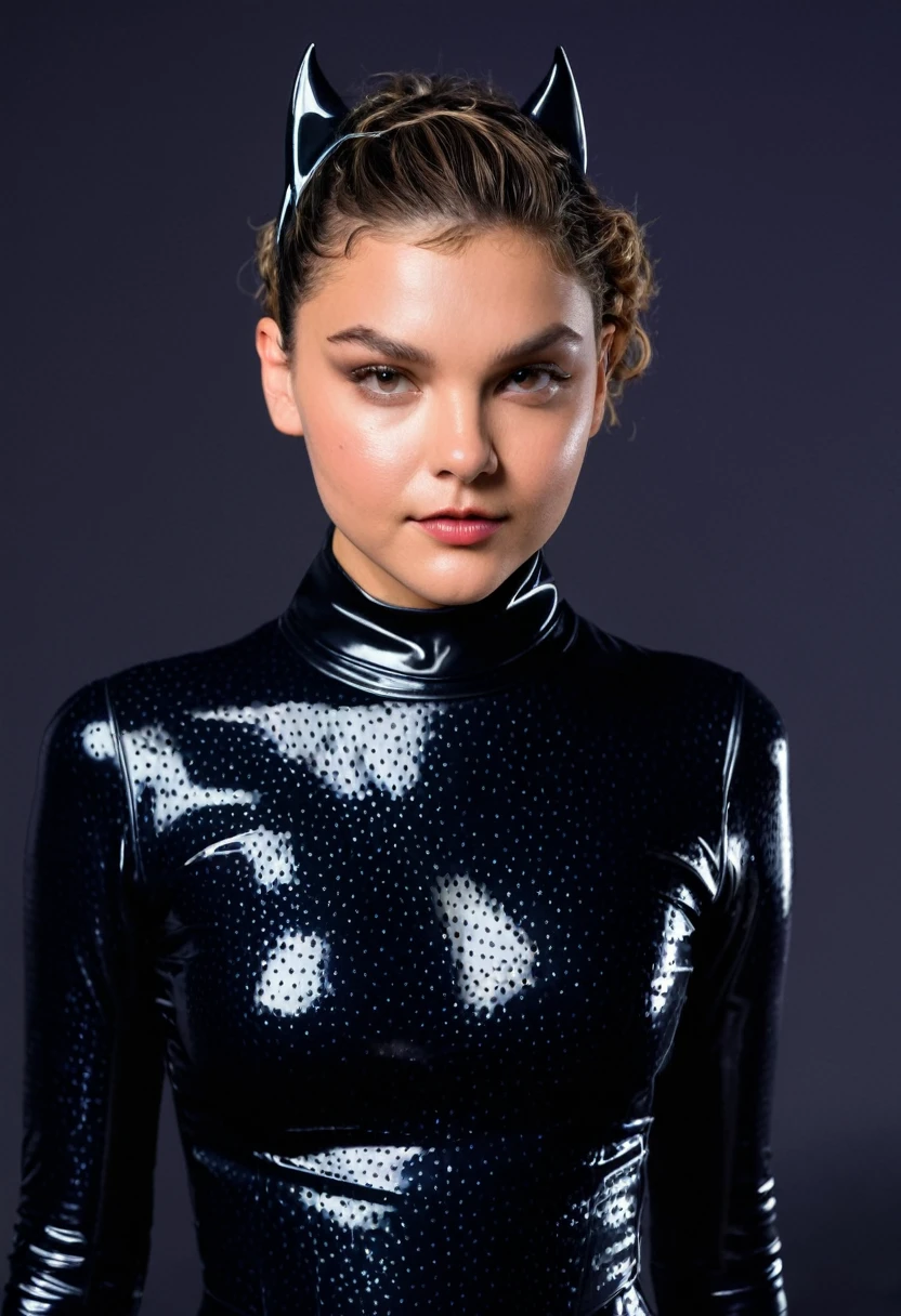 Camren bicondova, actress from the TV series Guest, in a latex catwoman costume with an open face, 