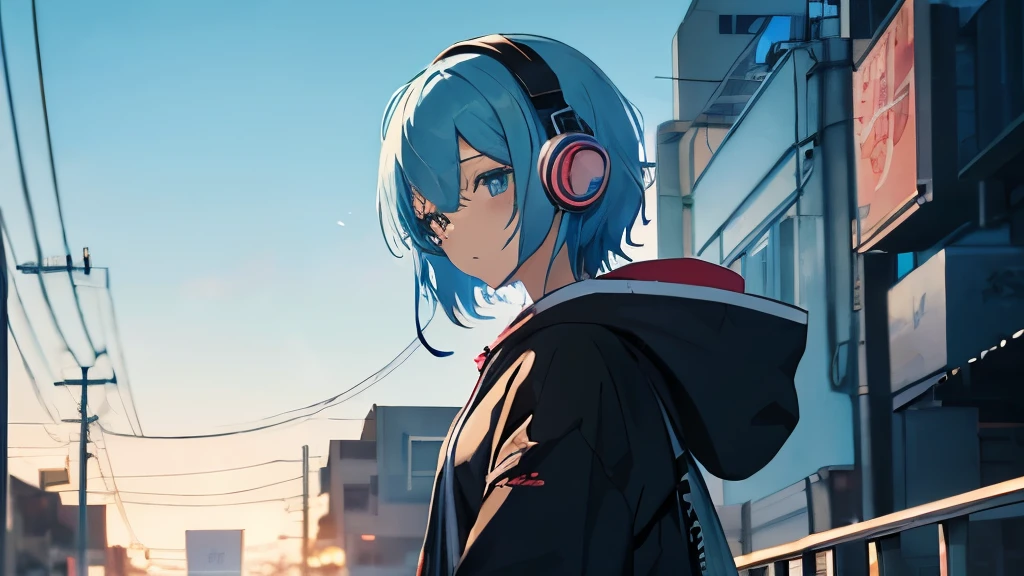 Tsundere Main female The background is blurred Draw only the upper body Blue Hair Woman Style artwork of Gwyze with headphones、Beautiful Anime、 alone Gwys、Beautiful Anime girl、Beautiful Anime girl、Turquoise hair anime girl、Anime Style。8k、Bowwater Art Style、Beautiful digital illustrations、Beautiful character drawings, LOFI Girl, Lo-fi art style,, Halfbeak, Anime atmosphere, 富士フイルムと混ぜたAnime Style, Digital anime illustration, anime wallpaper 4k Girl wearing headphones Downtown at night dark cityscape Wearing a hood Ghost Town