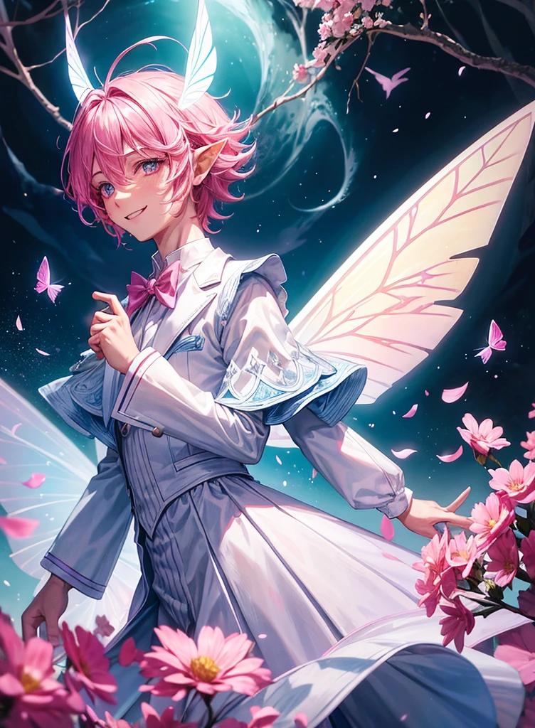 a boy wearing a white magical suit, blue magical trousers and pink jacket, bright pink hair, big pink eyes, a lot of flowers around, a magic forest background, pointy ears, butterfly style fairy wings, magic powder, flying, (An ultra-high picture quality), ultra detailed, hdr, smiling