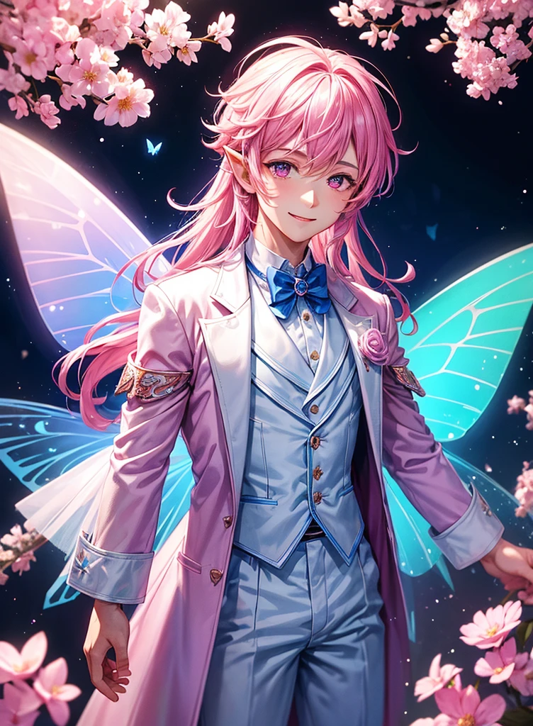 a boy wearing a white magical suit, blue magical trousers and pink jacket, bright pink hair, big pink eyes, a lot of flowers around, a magic forest background, pointy ears, butterfly style fairy wings, magic powder, flying, (An ultra-high picture quality), ultra detailed, hdr, smiling