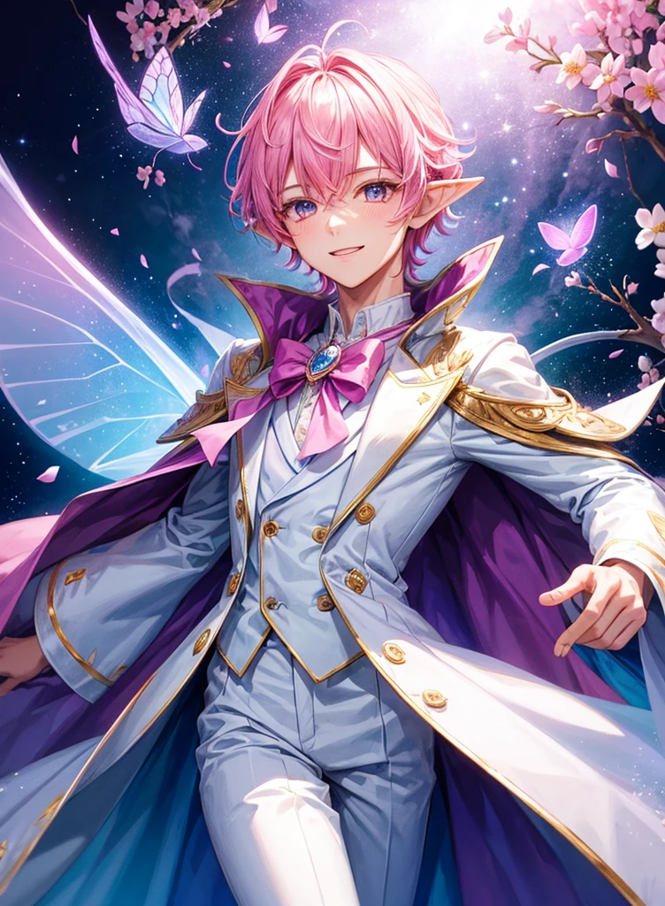 a boy wearing a white magical suit, blue magical trousers and pink jacket, bright pink hair, big pink eyes, a lot of flowers around, a magic forest background, pointy ears, butterfly style fairy wings, magic powder, flying, (An ultra-high picture quality), ultra detailed, hdr, smiling