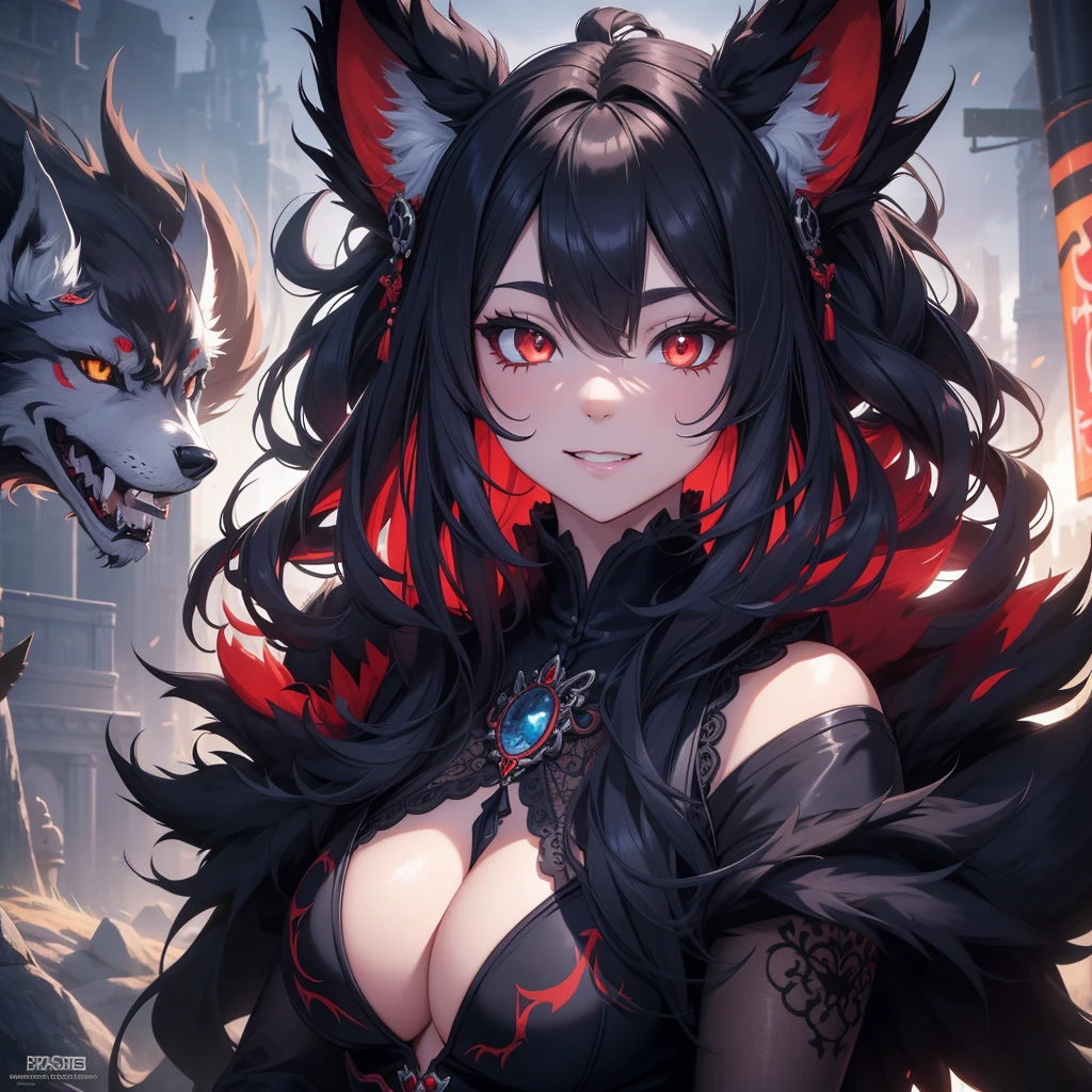 An exquisitely drawn goddess-like anthropomorphic wolf girl with pure black fur and vibrant red accents graces the scene, her adorable cheeks adorned with a Todd McFarlane-inspired blue outfit that showcases ethereal skulls and bones. Her happiness shines through in every expressive detail of her facial features, brought to life by intricate silhouettes and advanced lighting techniques in this 8K resolution masterpiece. The advanced fantasy amusement park setting comes alive with every intricate detail, from the intricately patterned paw prints on the ground to the smiling skull mascots, all vividly detailed and sharp in focus. The combination of the wolf girl'